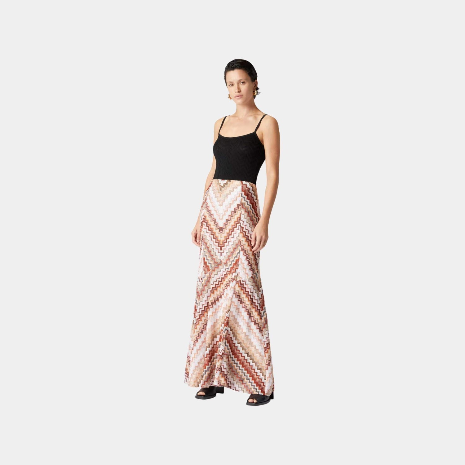 Missoni Long Flared Skirt With Lame Serrated Zigzag Pattern, Beige, Model