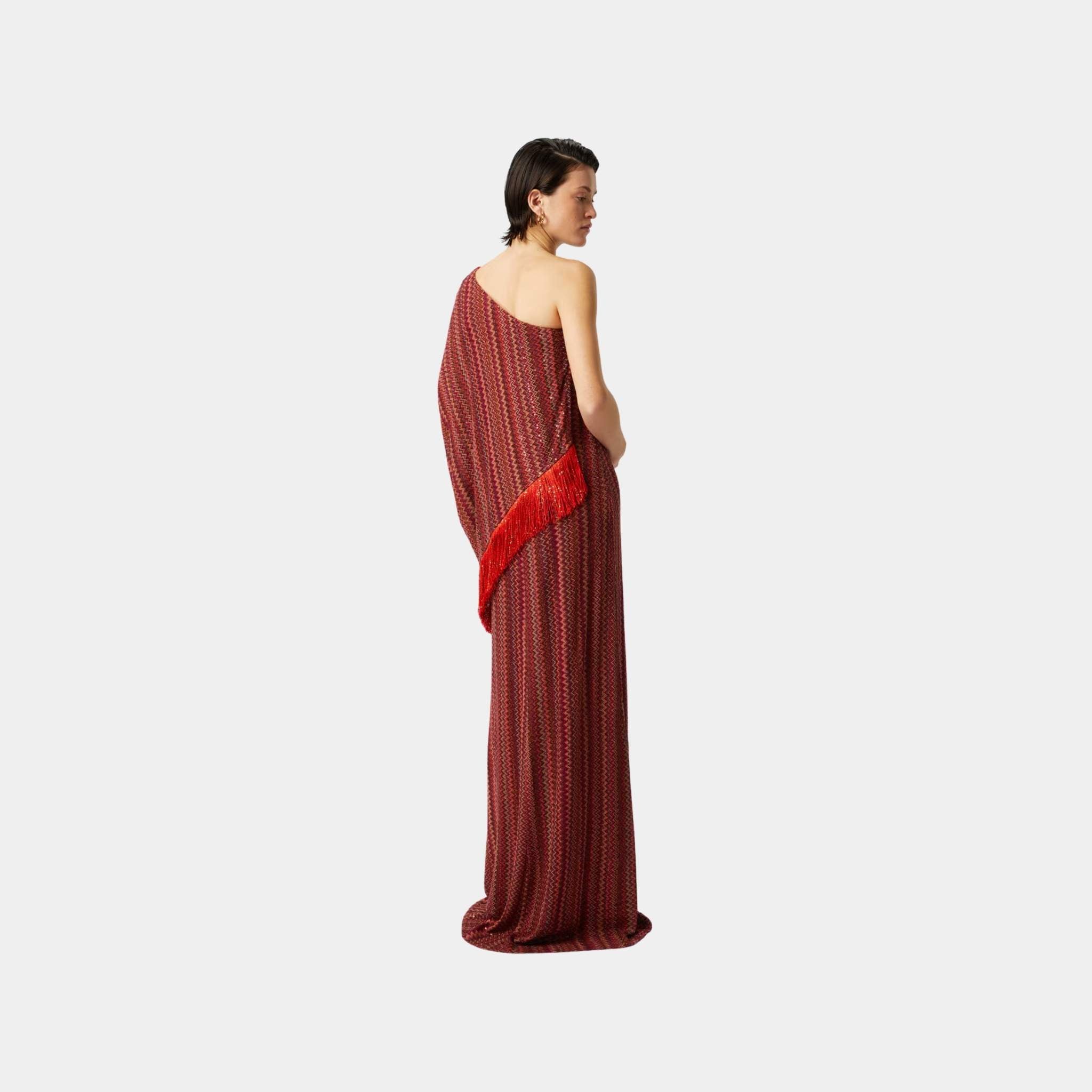 Missoni Long One Shoulder Zigzag Dress With Sequins And Fringes, Red, Back