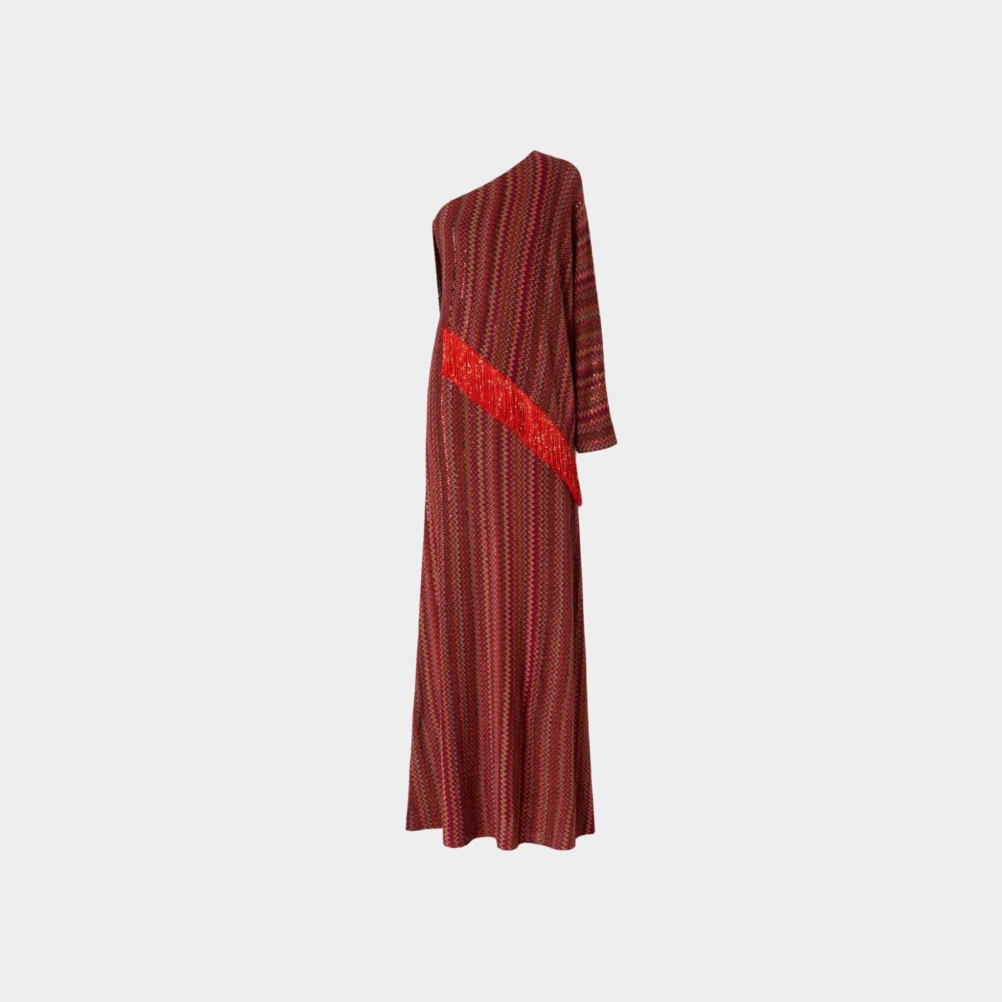 Missoni Long One Shoulder Zigzag Dress With Sequins And Fringes, Red, Front