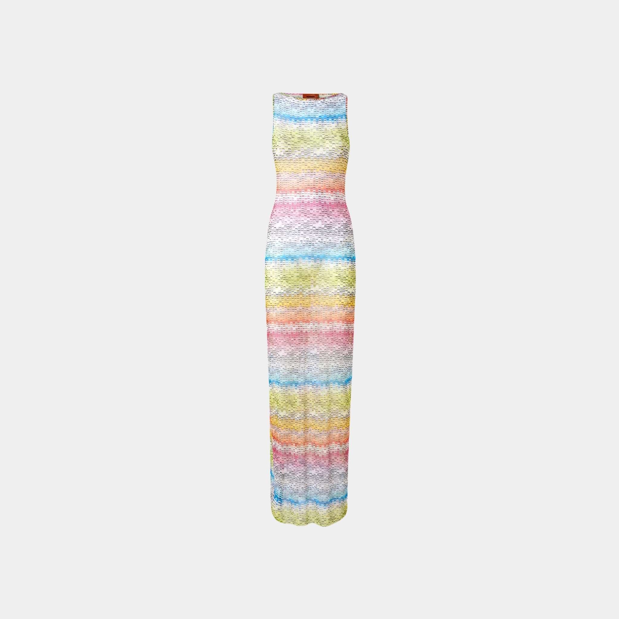 Missoni Long Sleeveless Dress In Printed Tulle, White, Front