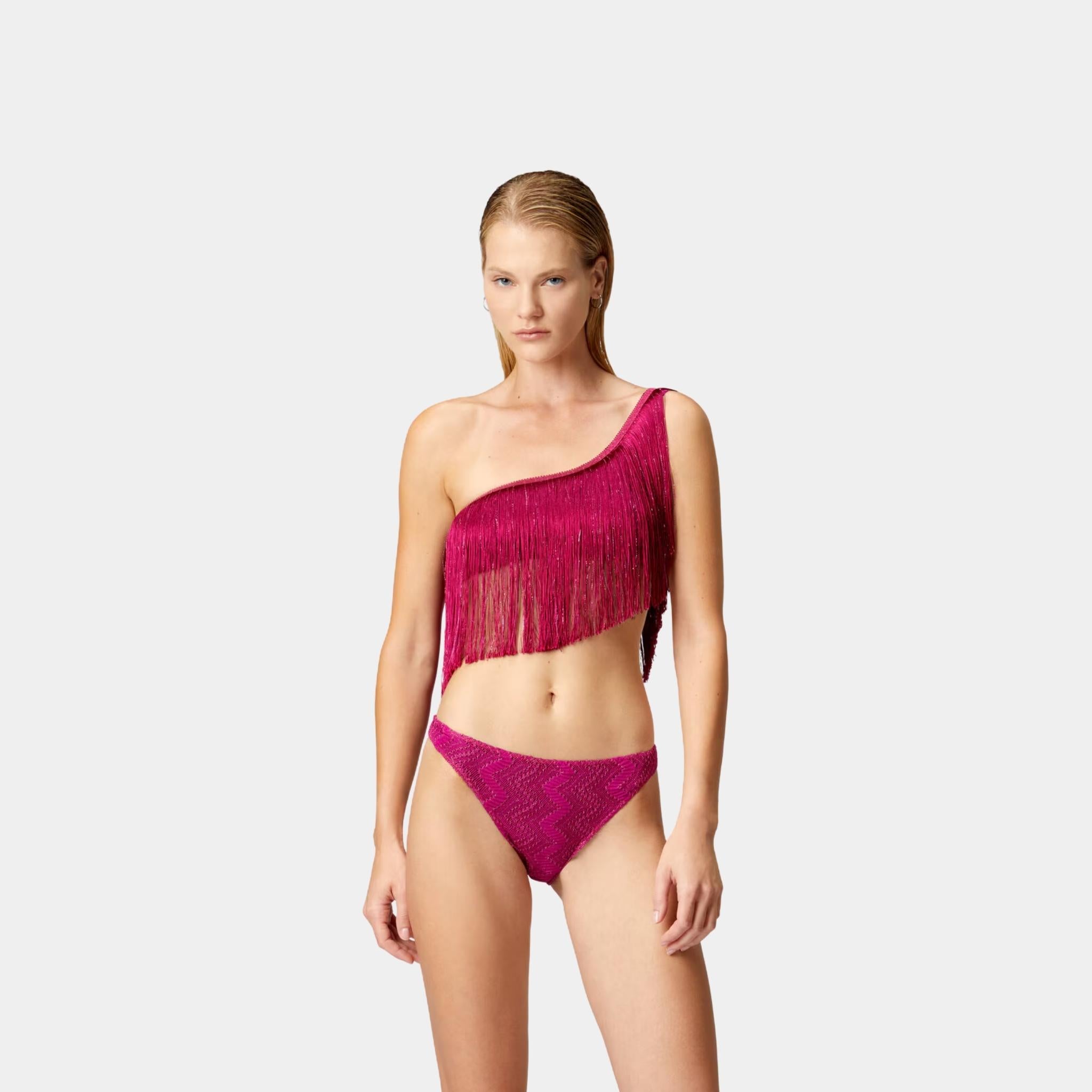 Missoni One Shoulder Zigzag Lame Viscose Bikini With Fringes, Purple, Model