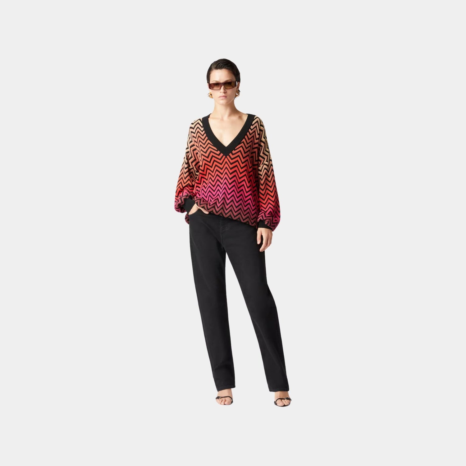 Missoni Oversized Degrade Chevron Sweater With V Neck, Red, Model