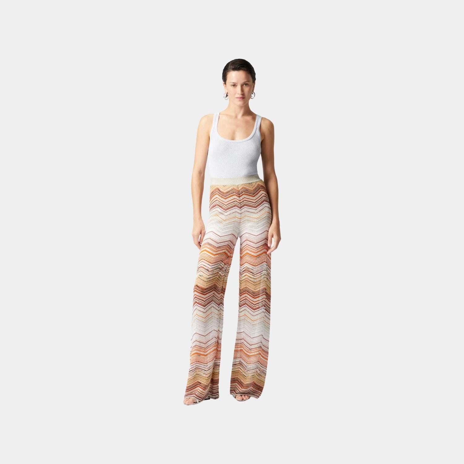 Missoni Palazzo Chevron Lame Trousers With Sequins, Beige, Model