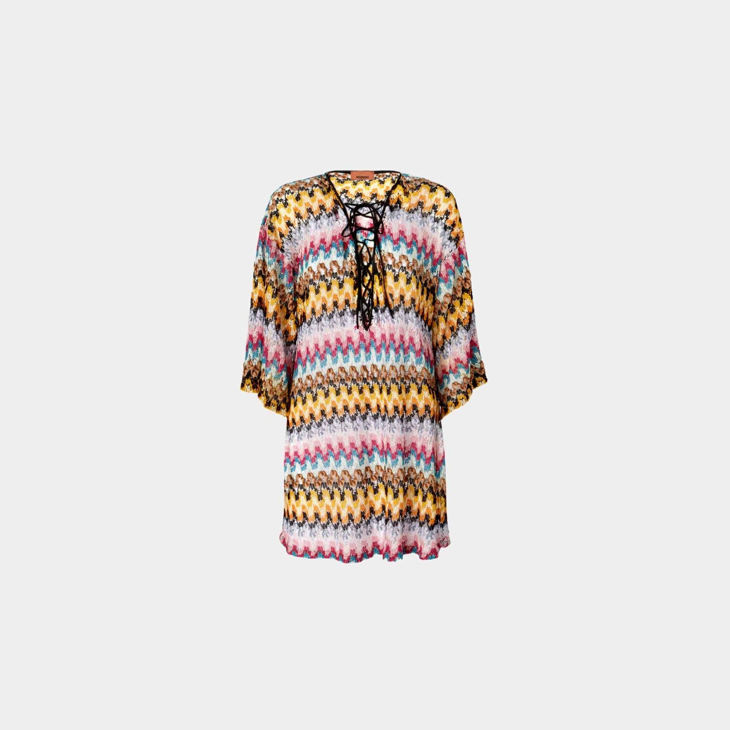 Missoni Short Cover Up Caftan In Lame Viscose Lace, Yellow, Front