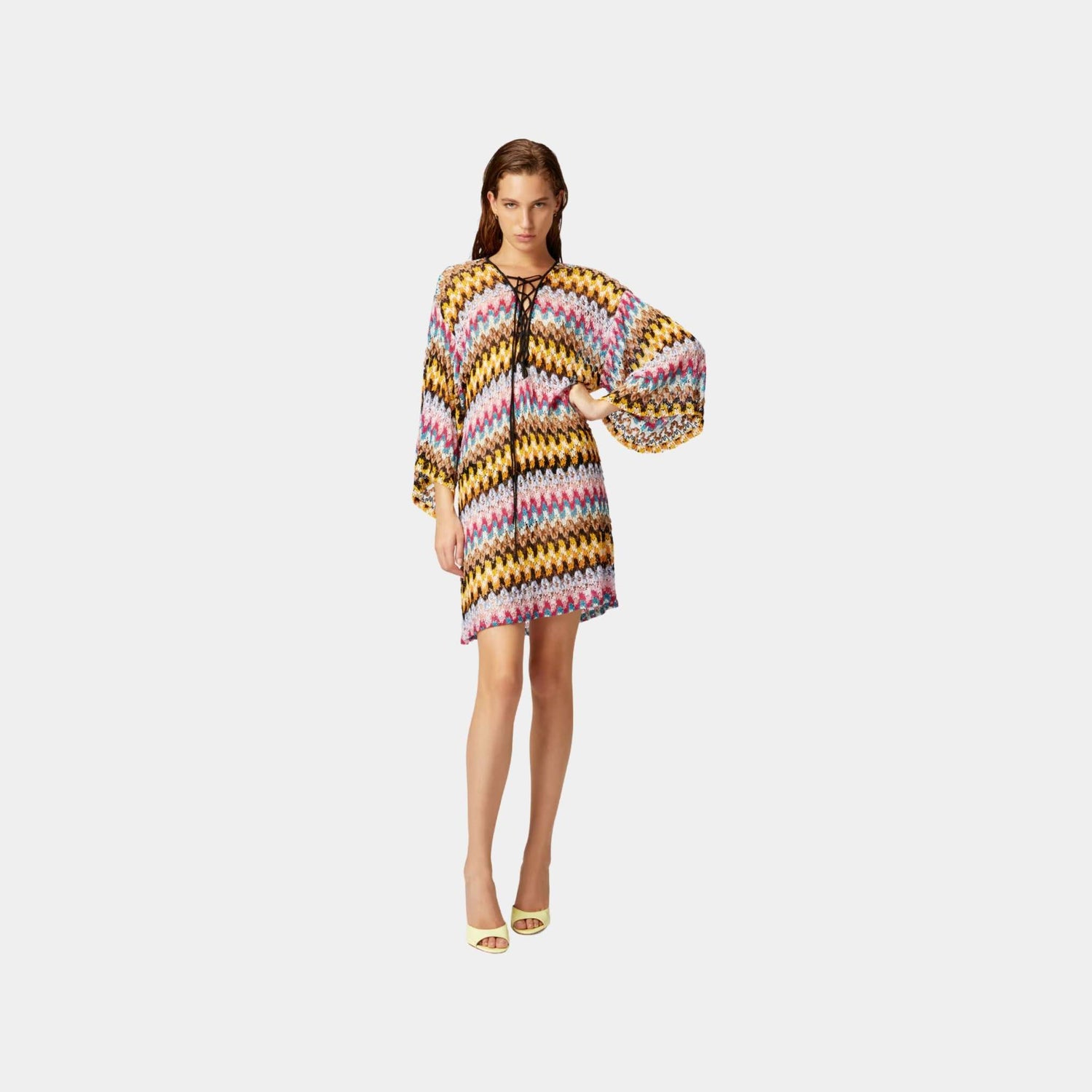 Missoni Short Cover Up Caftan In Lame Viscose Lace, Yellow, Model