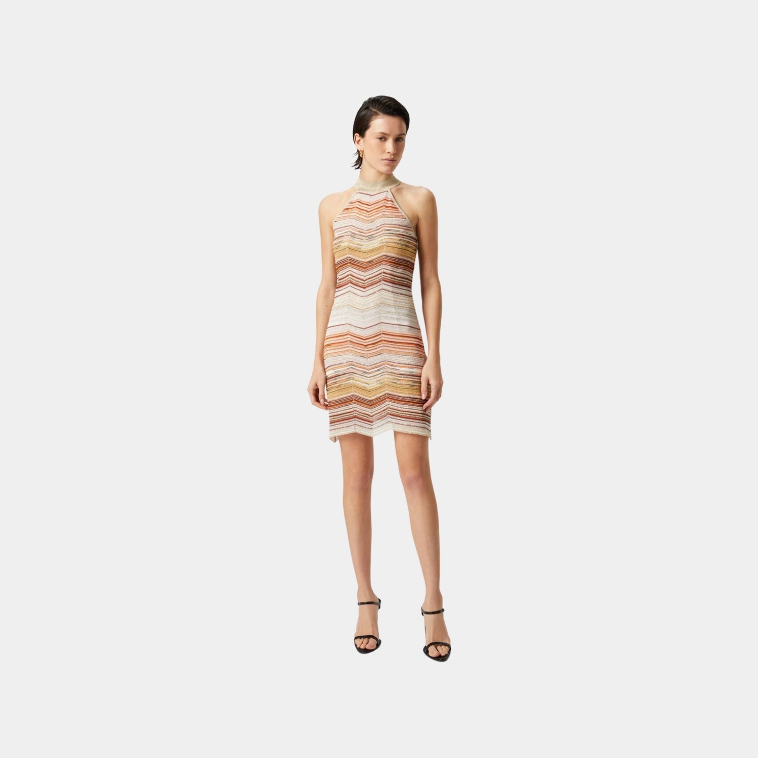 Missoni Short Sleeveless Chevron Lame Dress With Halter Neckline, Beige, Model