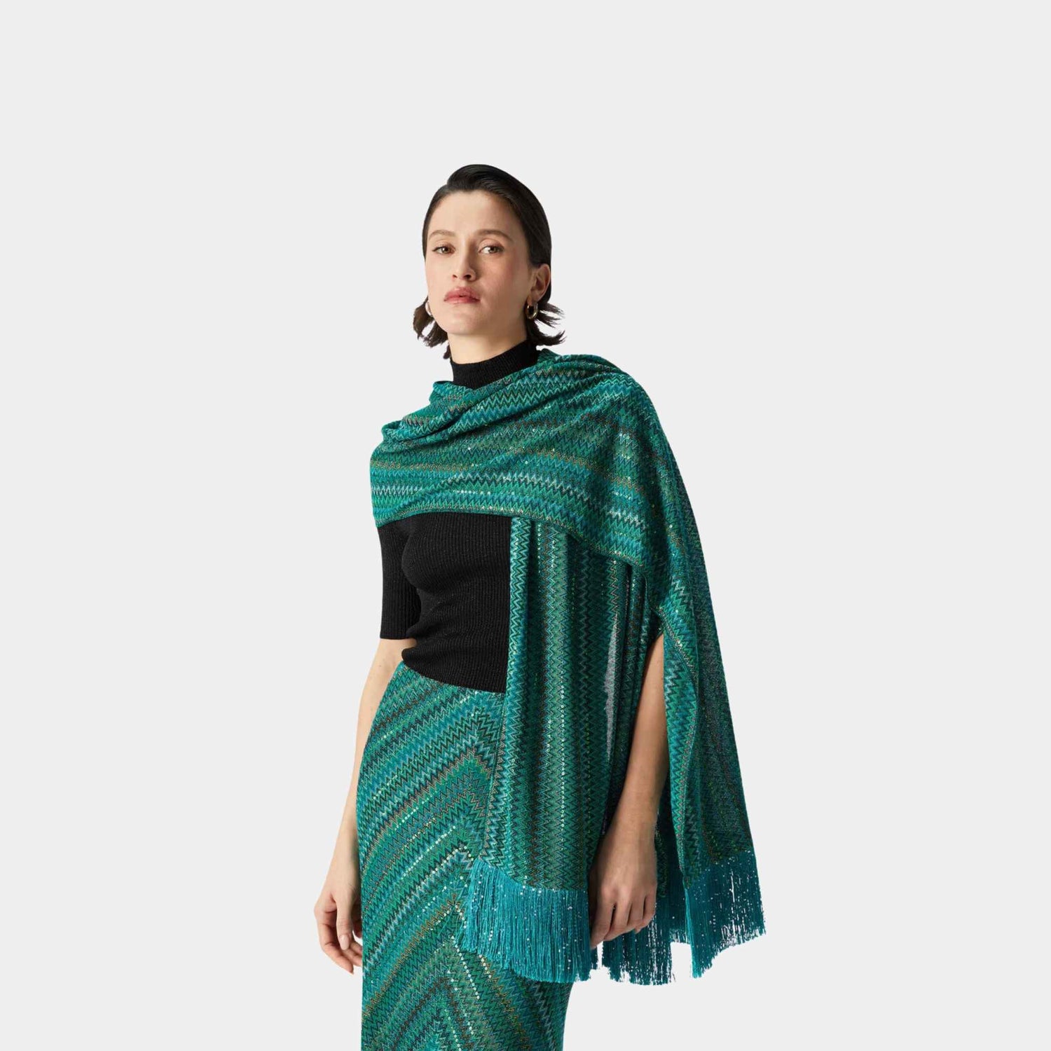 Missoni Viscose Stole In Zigzag Lame With Sequins And Fringes, Model