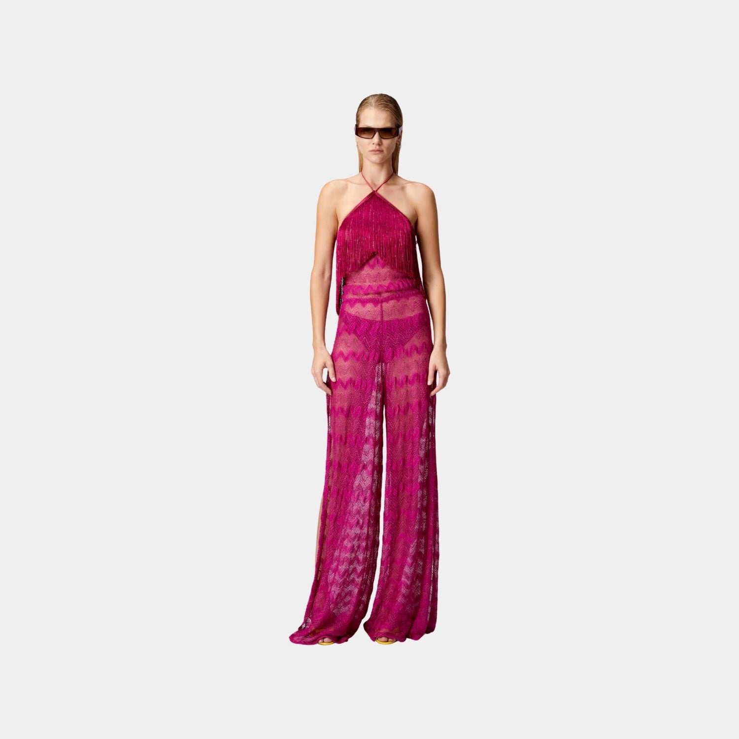 Missoni Zigzag Lame Viscose Jumpsuit With Fringes, Purple, Model