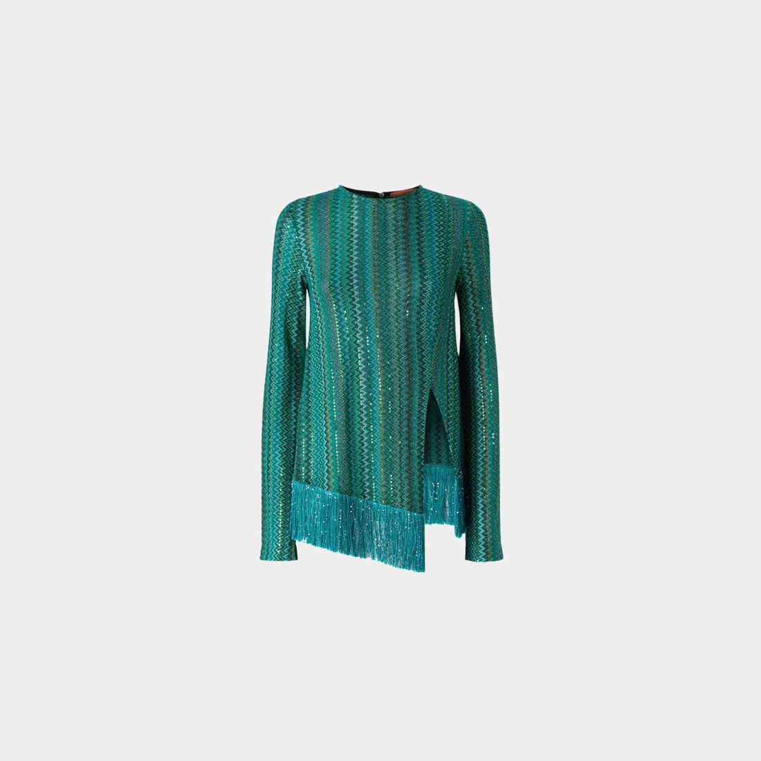 Missoni Zigzag Sweater With Sequins And Asymmetrical Hem With Fringes, Green, Front