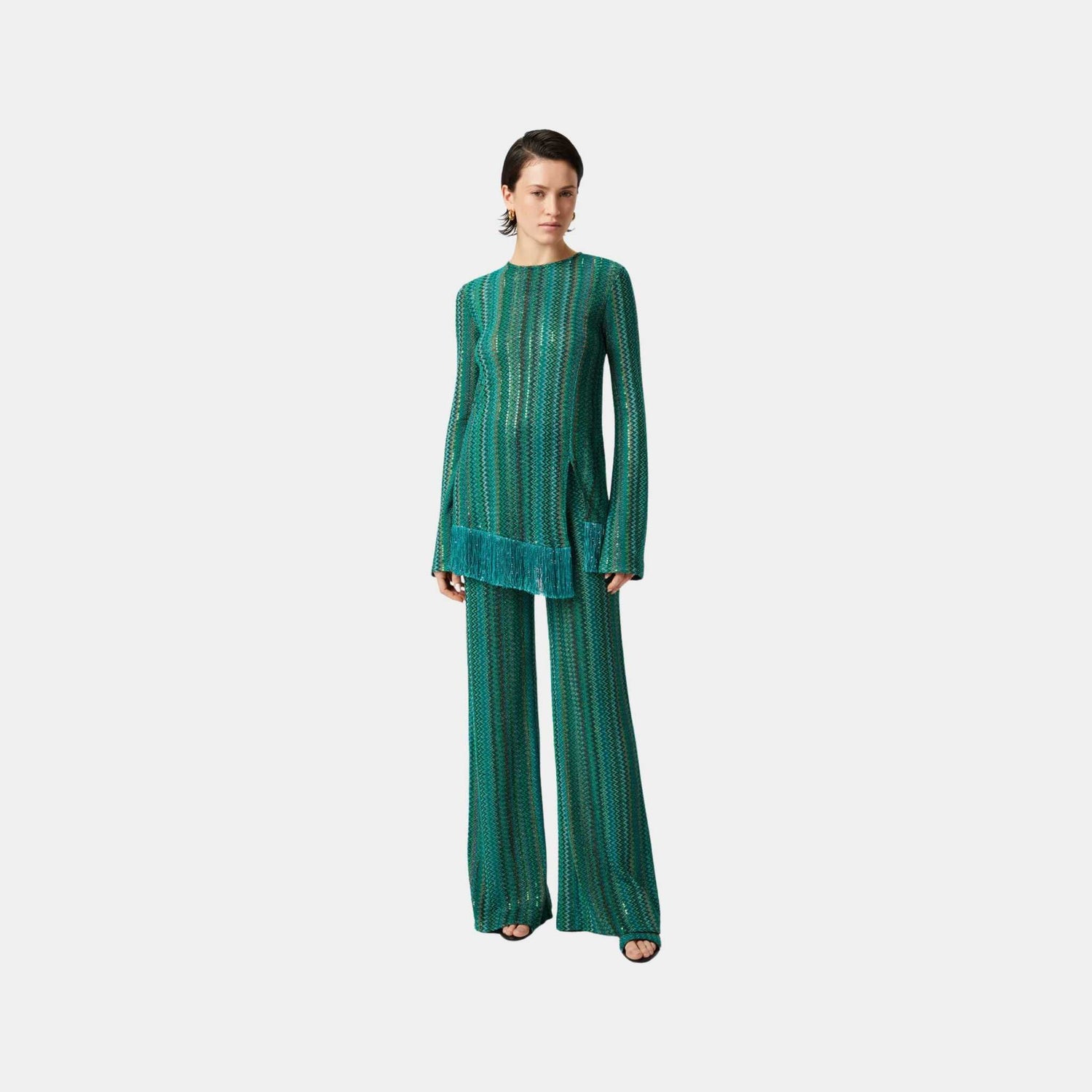 Missoni Zigzag Sweater With Sequins And Asymmetrical Hem With Fringes, Green, Model