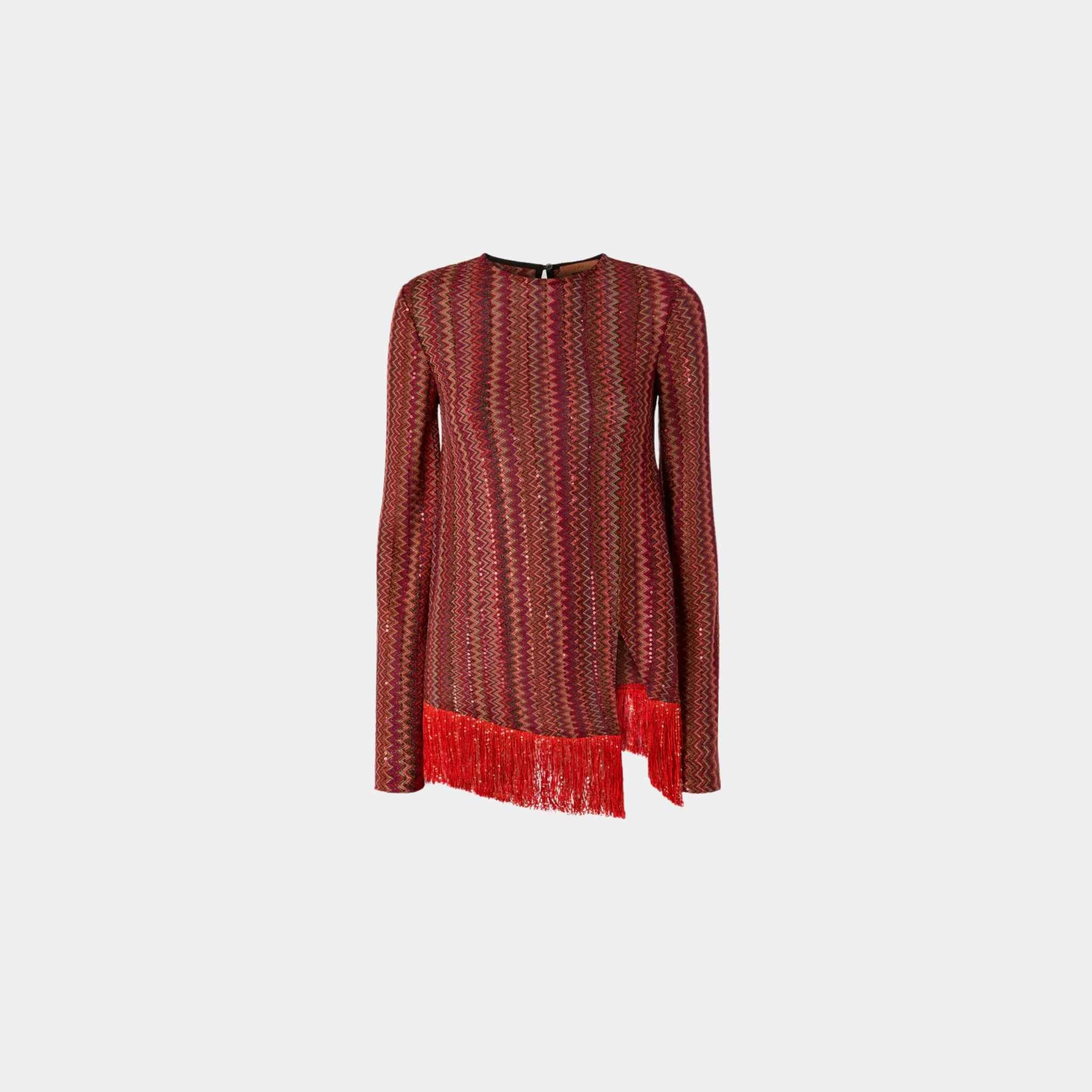 Missoni Zigzag Sweater With Sequins And Asymmetrical Hem With Fringes, Red, Front