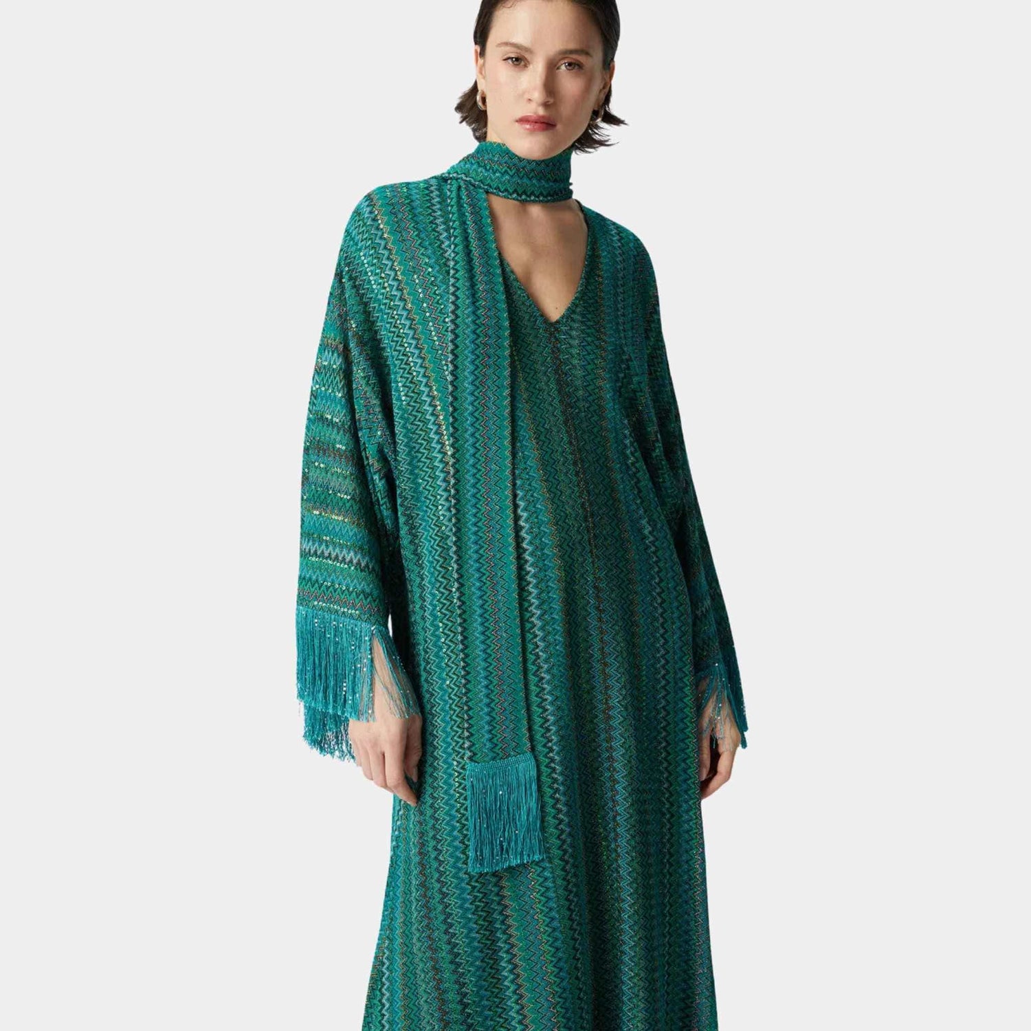 Missoni Zigzag V Neck Kaftan And Removable Scarf, Green, Model