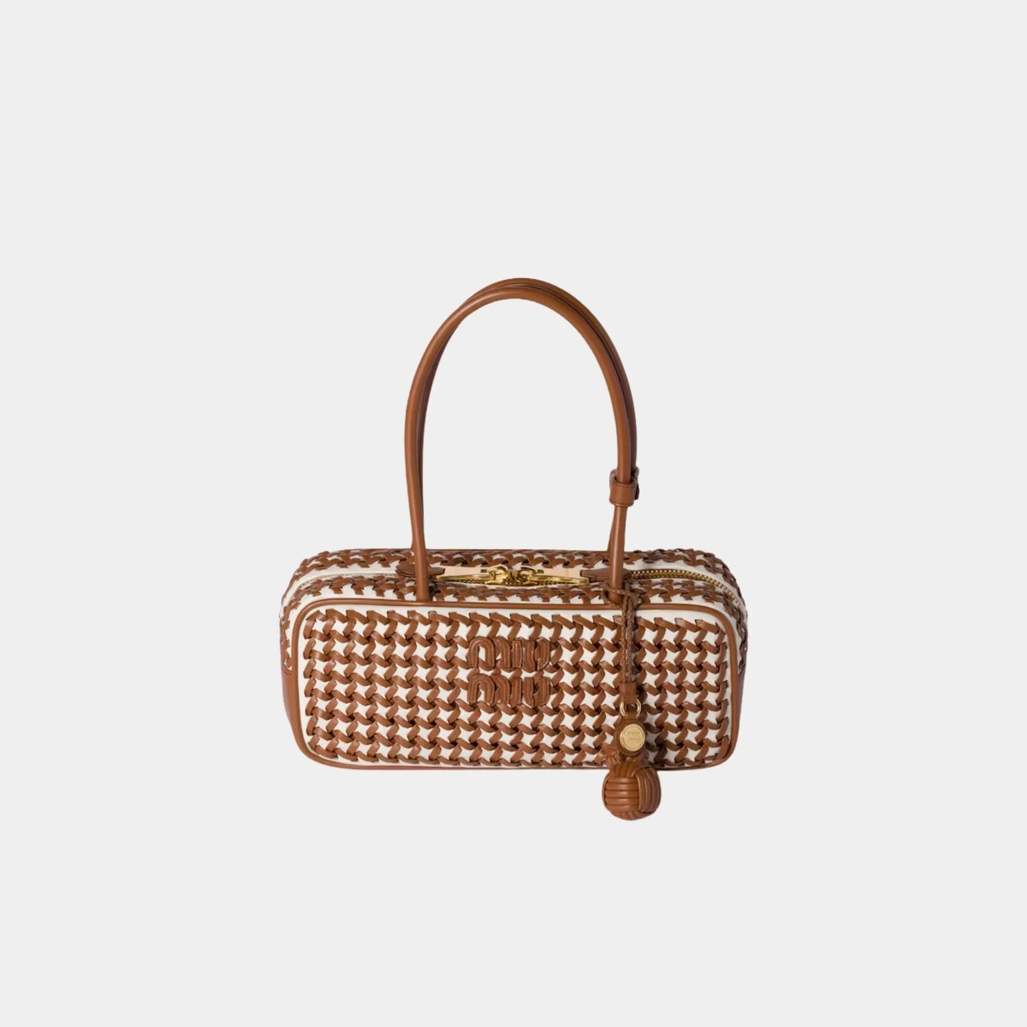 Miu Miu Beau Calfskin Leather Bag with Two-tone Motif, Cognac, White, Front