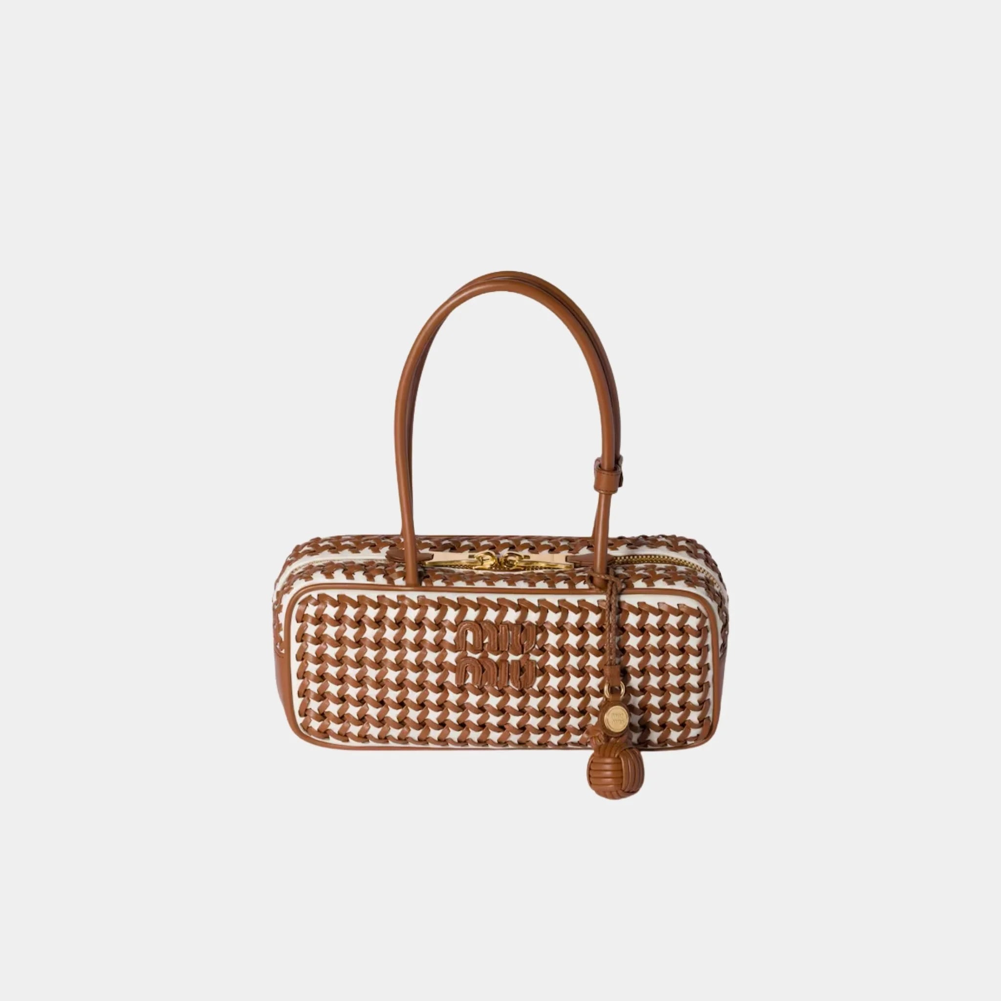 Miu Miu Beau Calfskin Leather Bag with Two-tone Motif, Cognac, White, Front