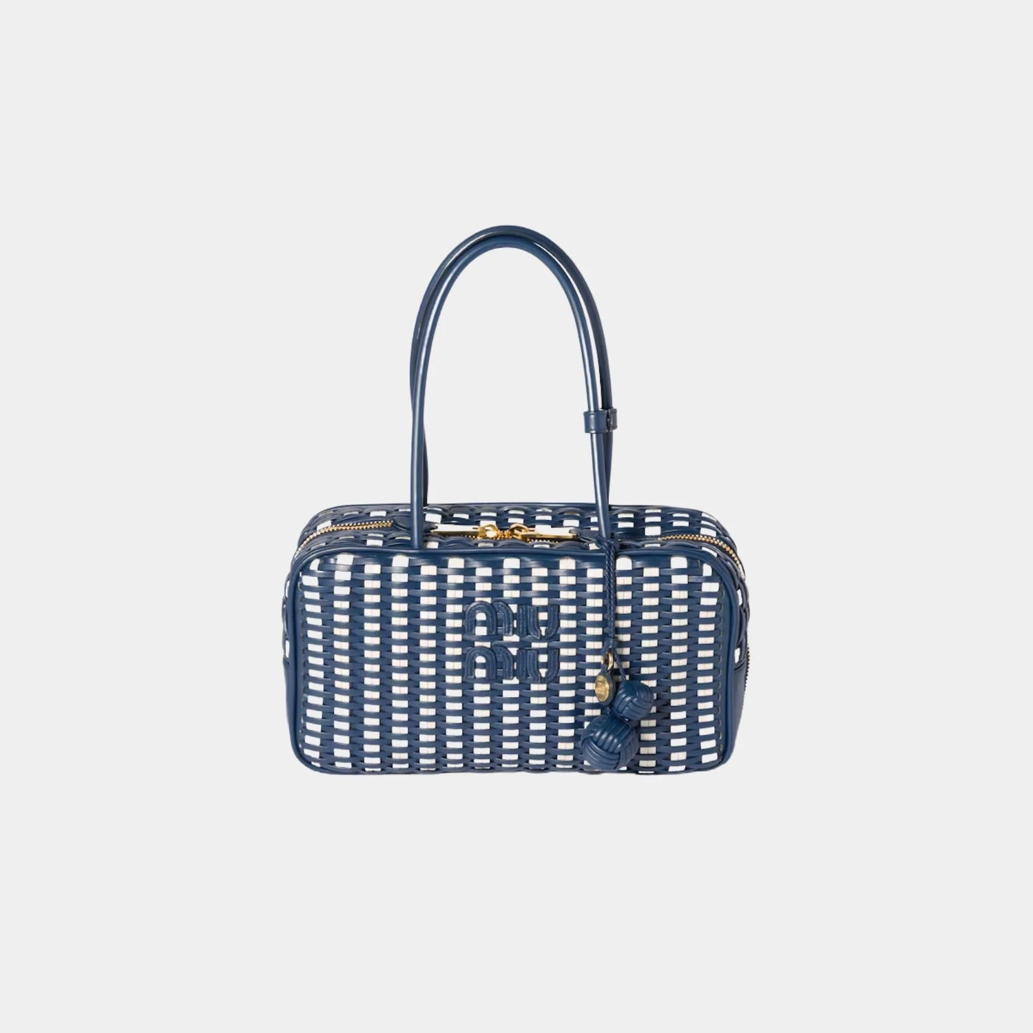 Miu Miu Beau Calfskin Leather Bag in Woven Pattern, Blue, White, Front