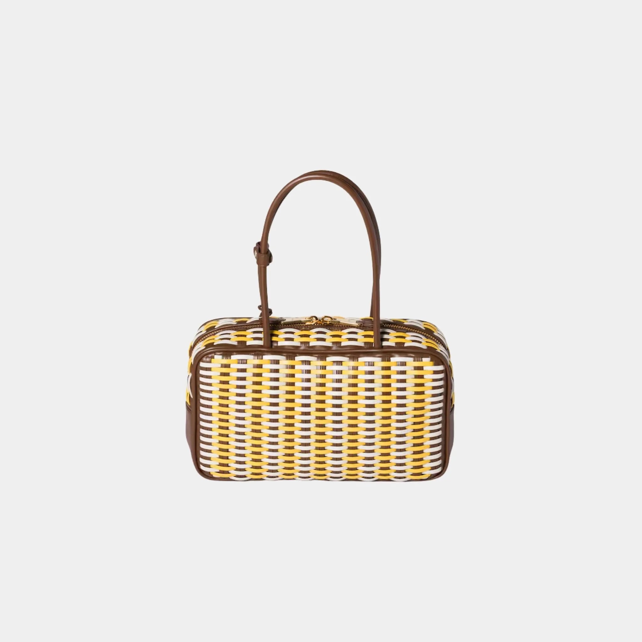 Miu Miu Beau Calfskin Leather Bag in Woven Pattern, Maple, Sunny Yellow, Chalk White, Back