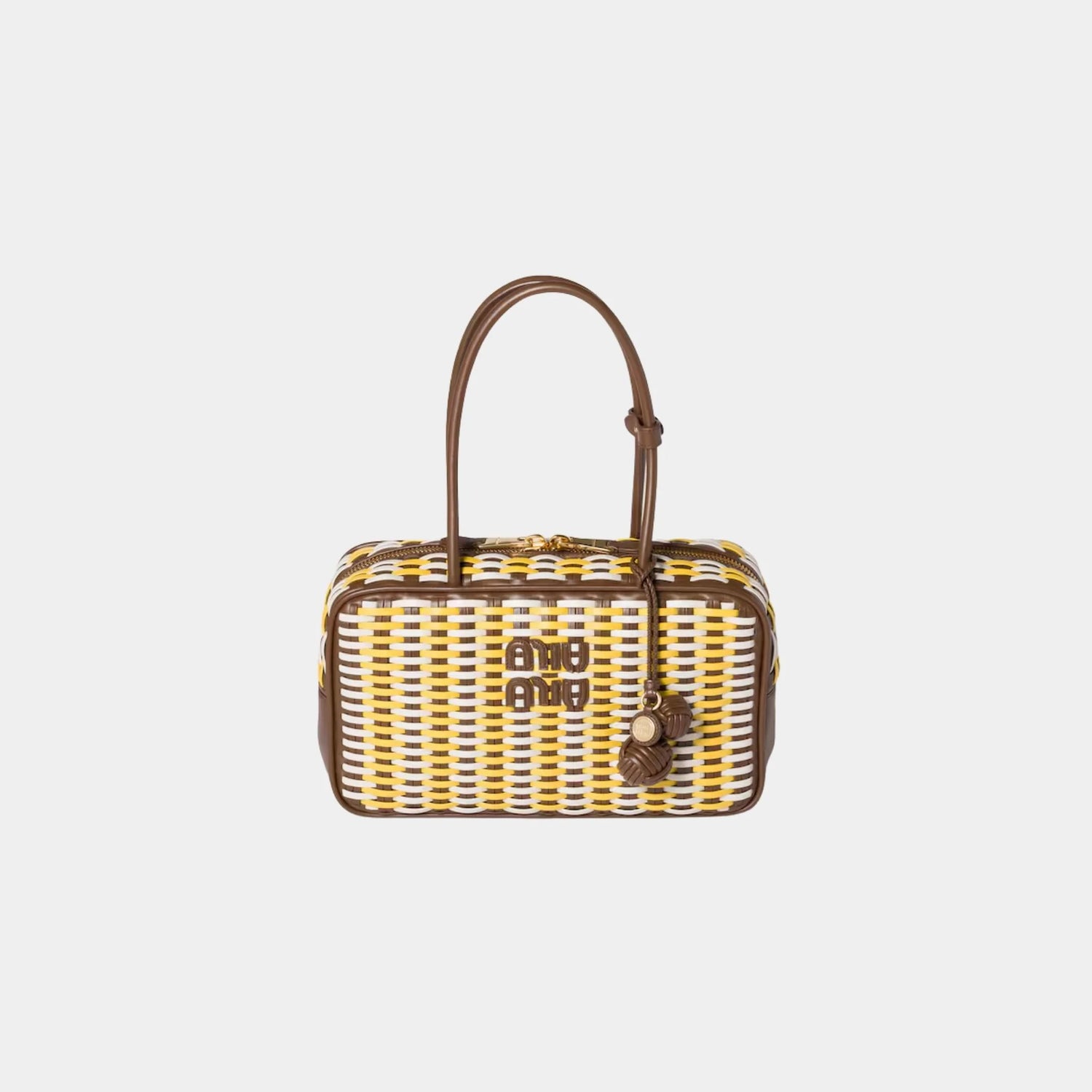 Miu Miu Beau Calfskin Leather Bag in Woven Pattern, Maple, Sunny Yellow, Chalk White, Front