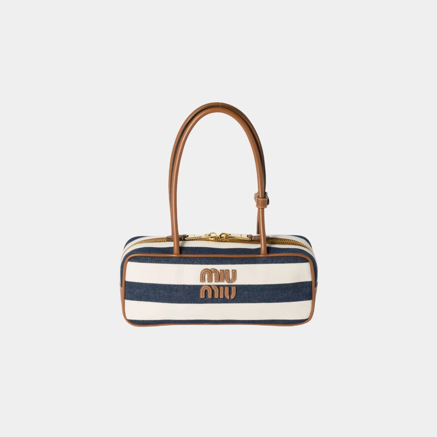 Miu Miu Beau Canvas and Leather Bag with Stripe Motif, Blue, Beige, Front