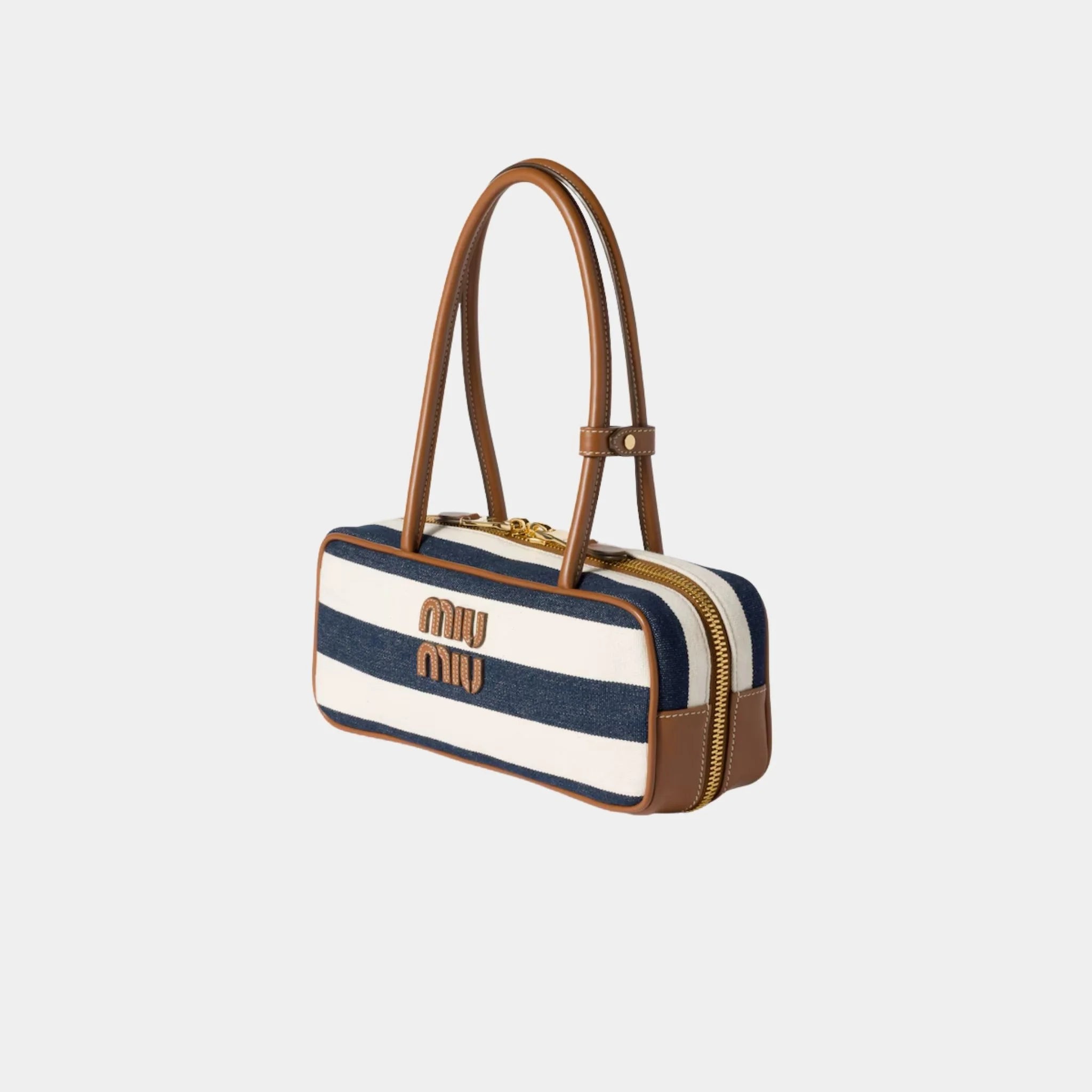 Miu Miu Beau Canvas and Leather Bag with Stripe Motif, Blue, Beige, Side