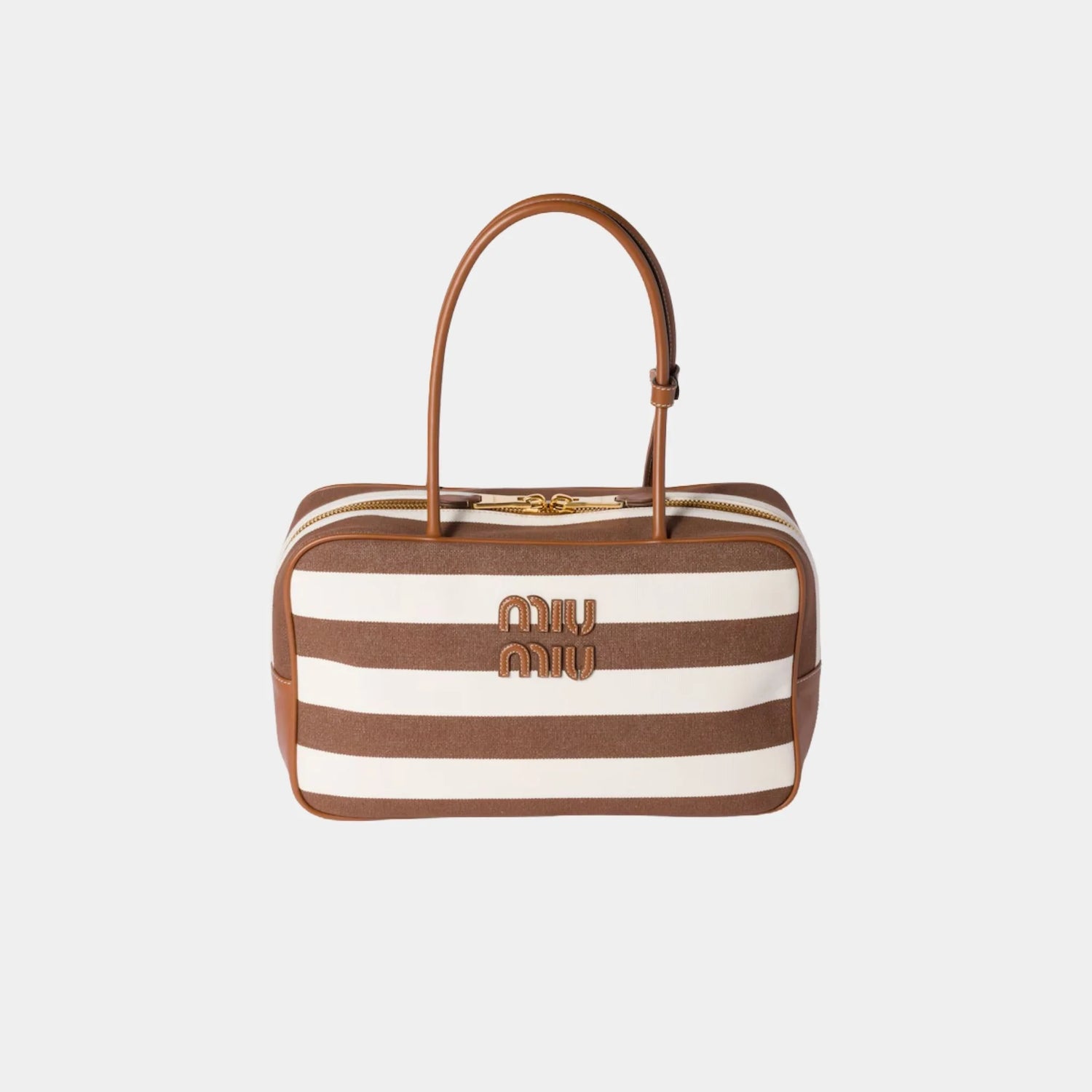 Miu Miu Beau Canvas and Leather Bag Stripe Motif, Cocoa Brown, Front