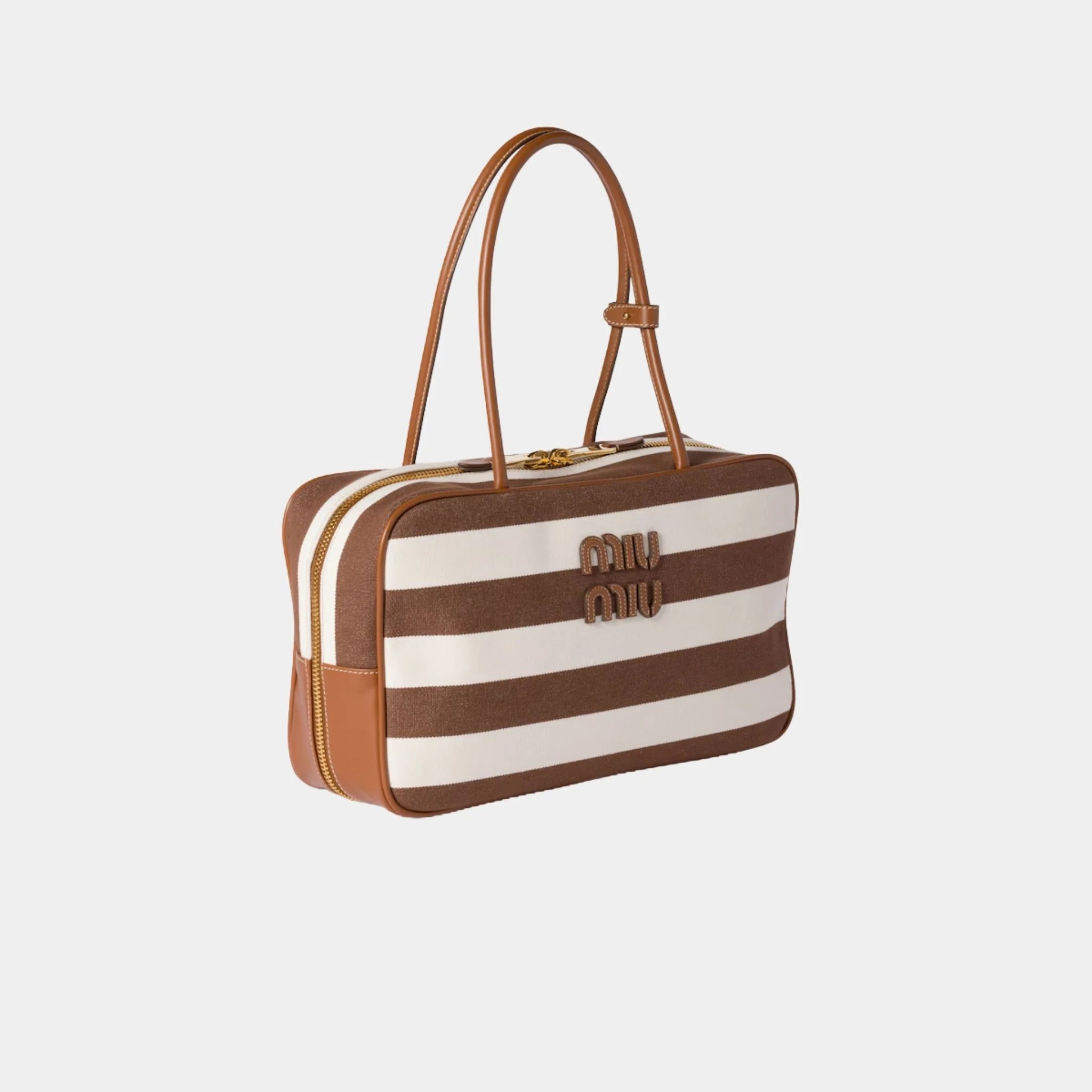 Miu Miu Beau Canvas and Leather Bag Stripe Motif, Cocoa Brown, Side