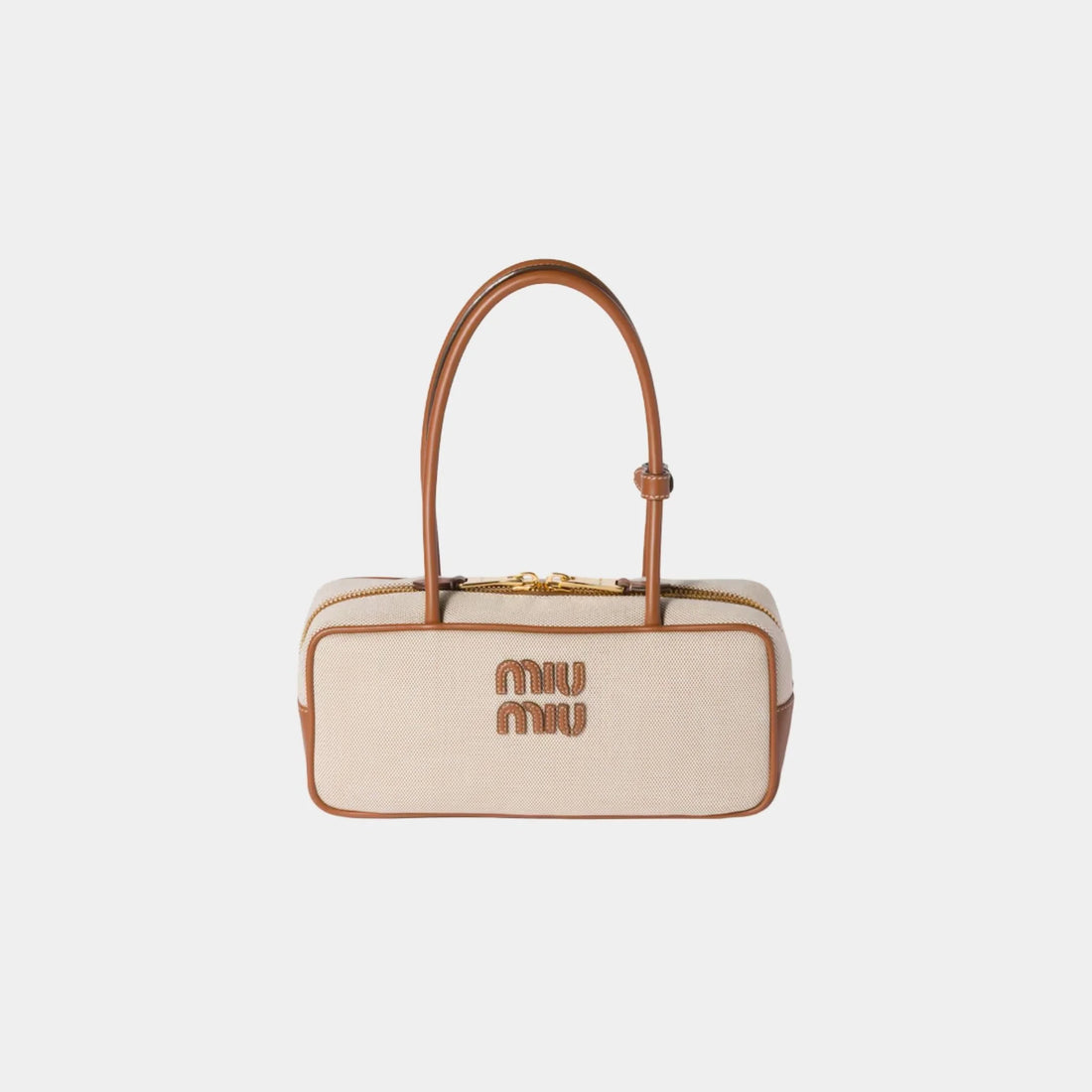 Miu Miu Beau Canvas and Leather Small Bag, Beige, Brandy, Front