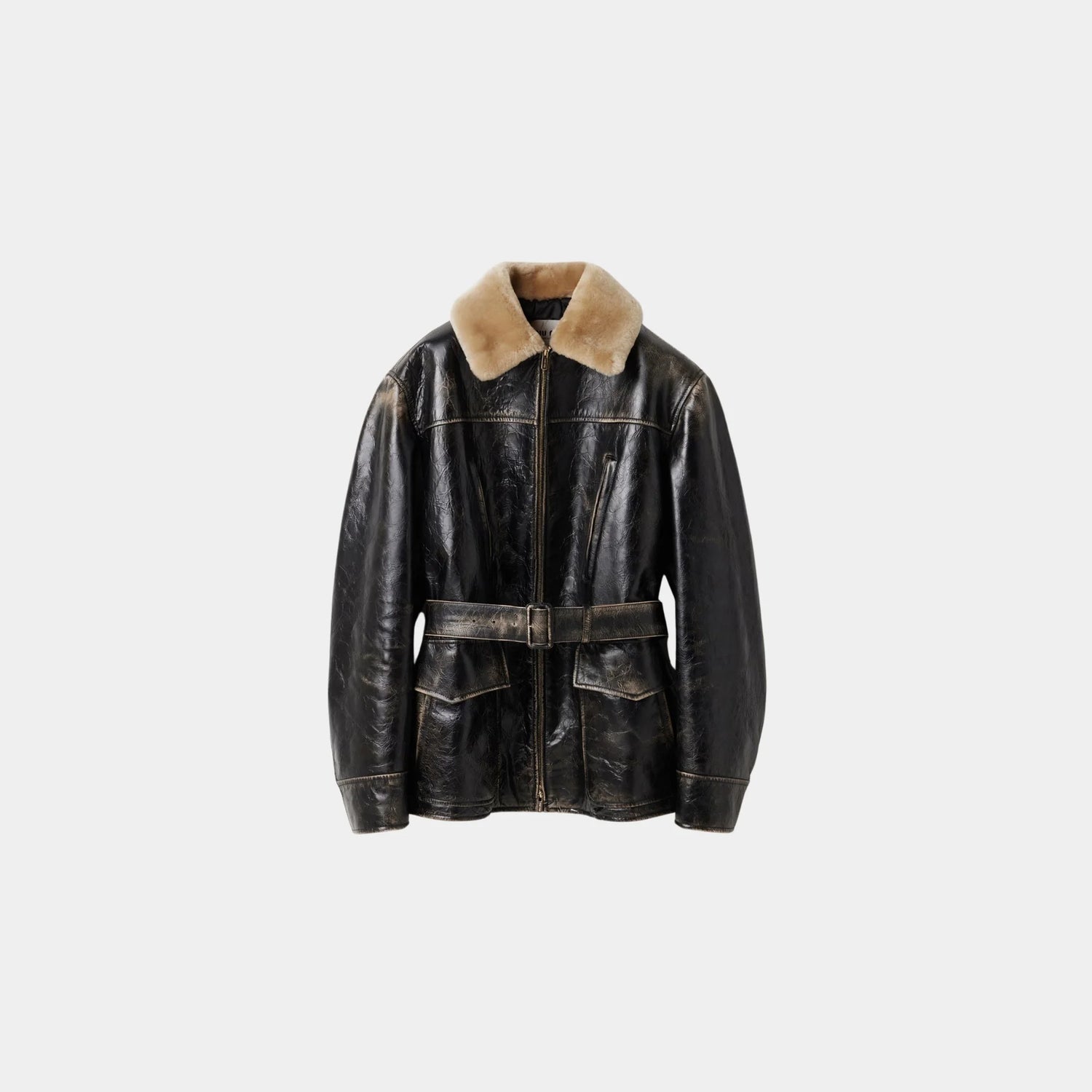 Miu Miu Calf Leather Caban Jacket, Black, Front