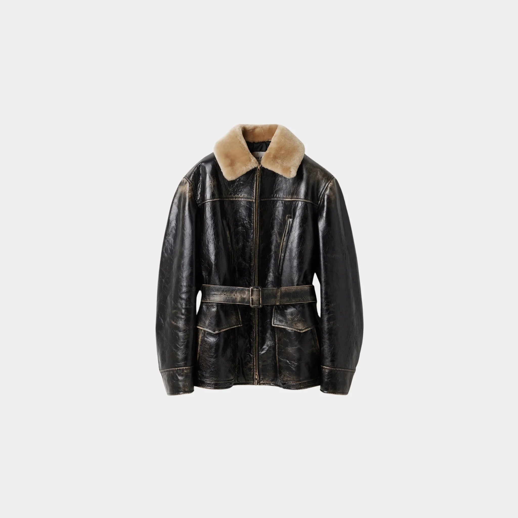 Miu Miu Calf Leather Caban Jacket, Black, Front