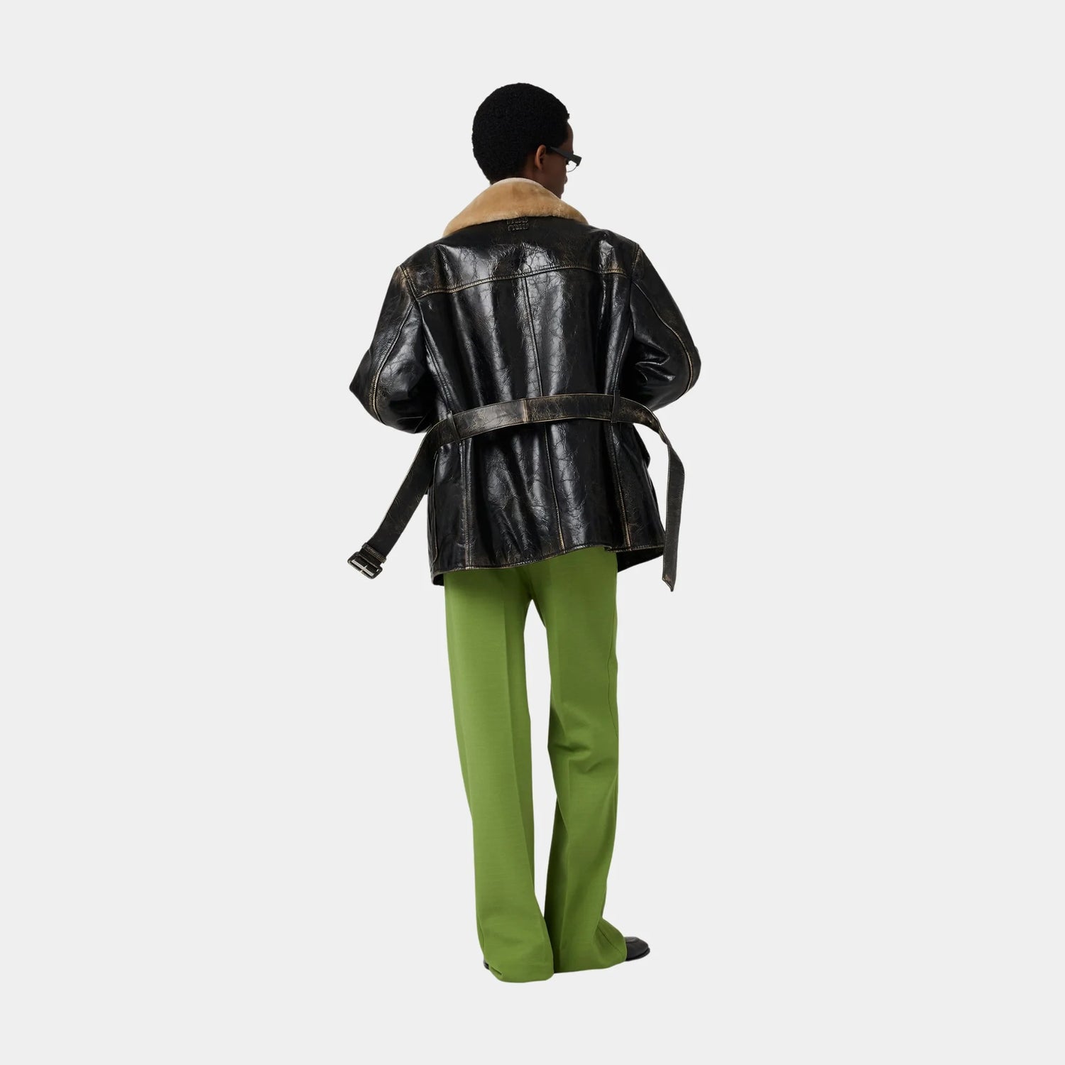 Miu Miu Calf Leather Caban Jacket, Black, Model, Back