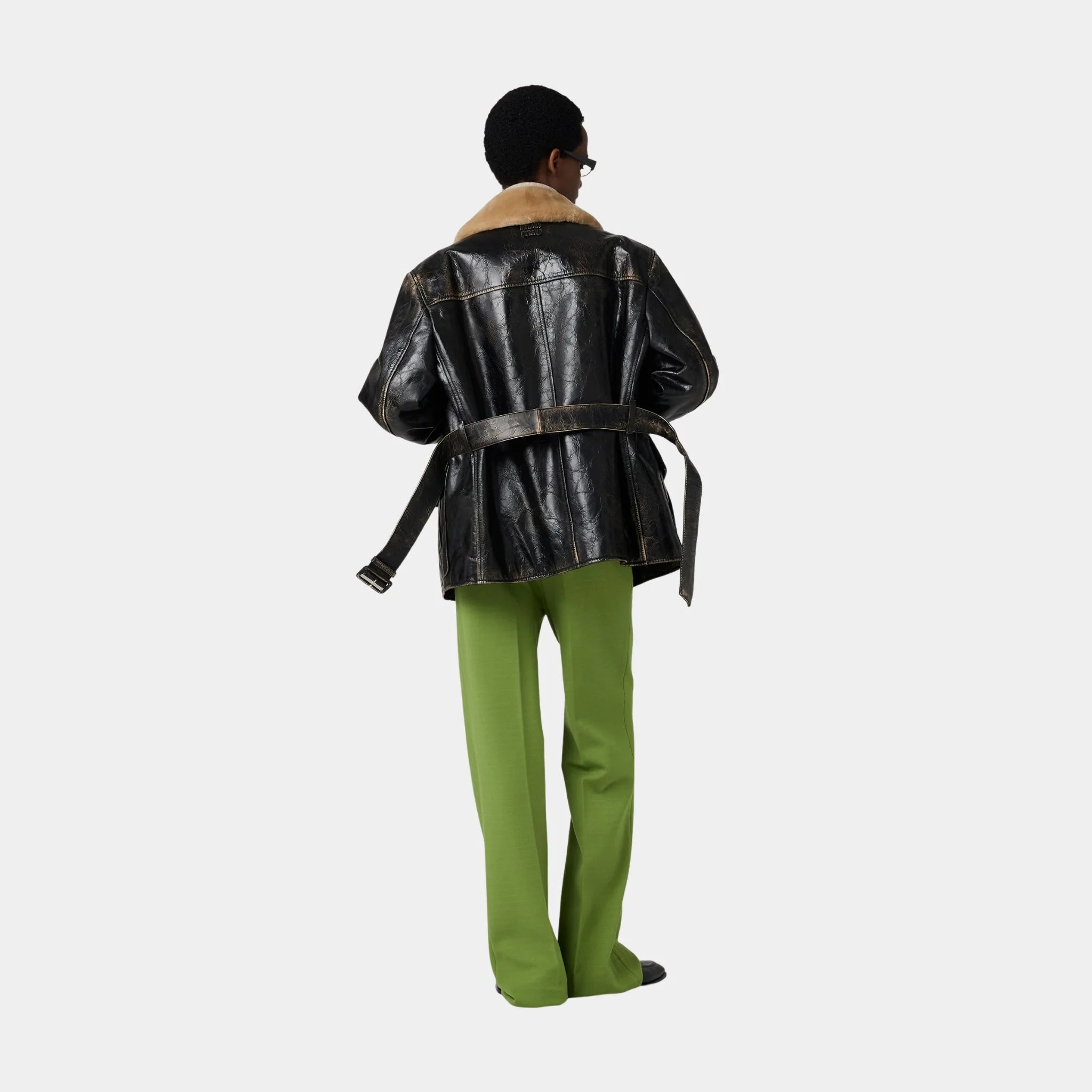 Miu Miu Calf Leather Caban Jacket, Black, Model, Back