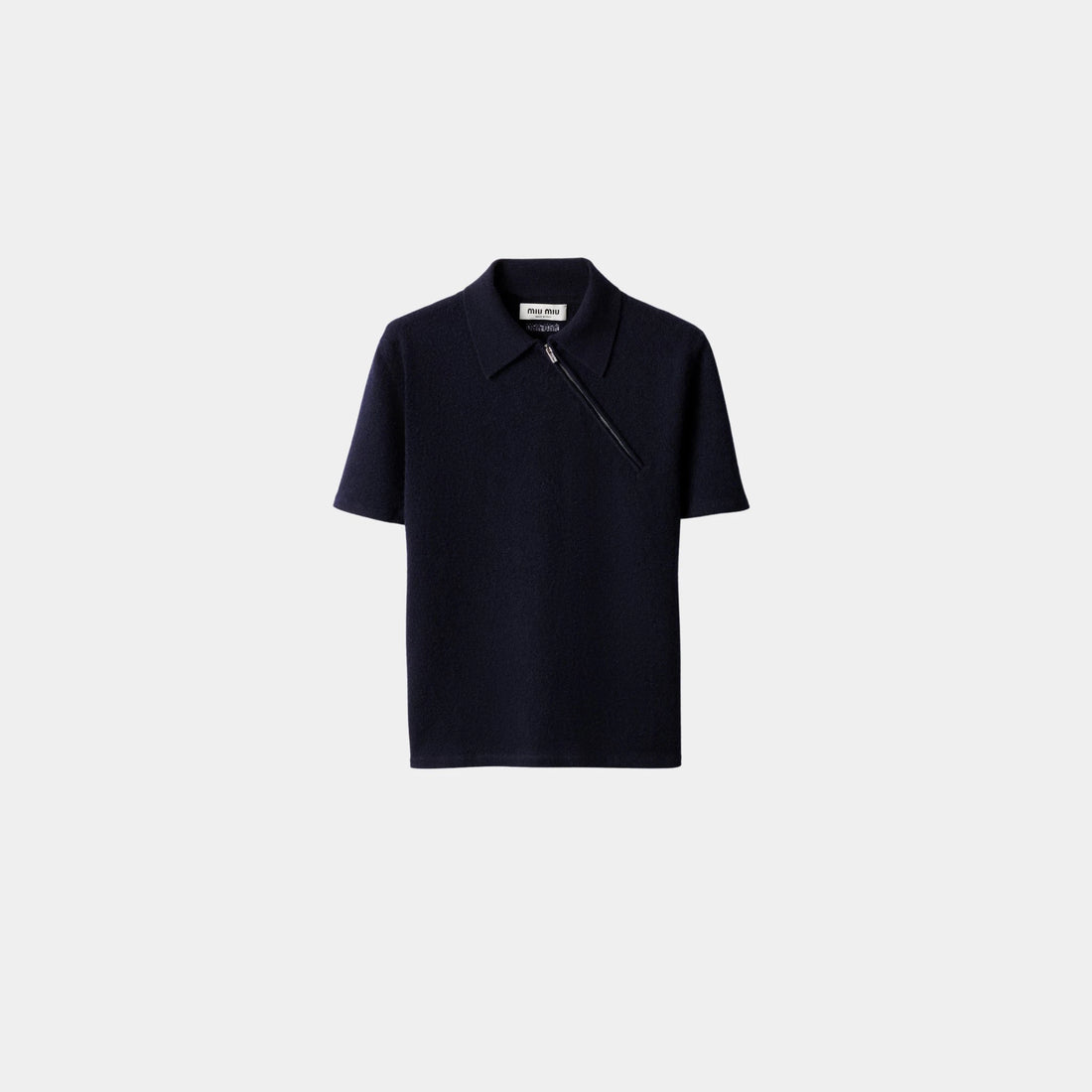 Miu Miu Cashmere Polo Shirt with Side Zipper Detail, Navy Blue, Front