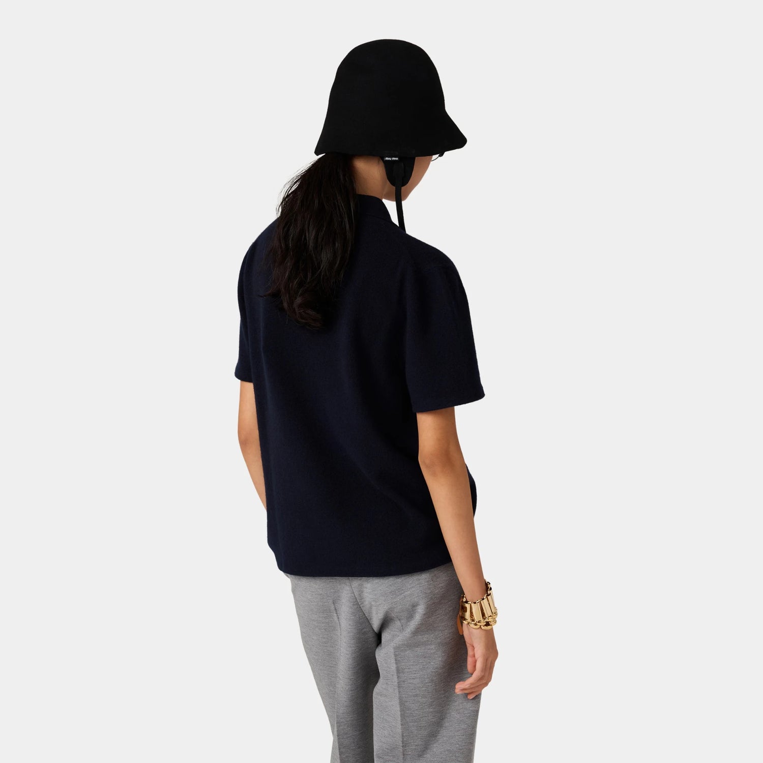 Miu Miu Cashmere Polo Shirt with Side Zipper Detail, Navy Blue, Model, Back