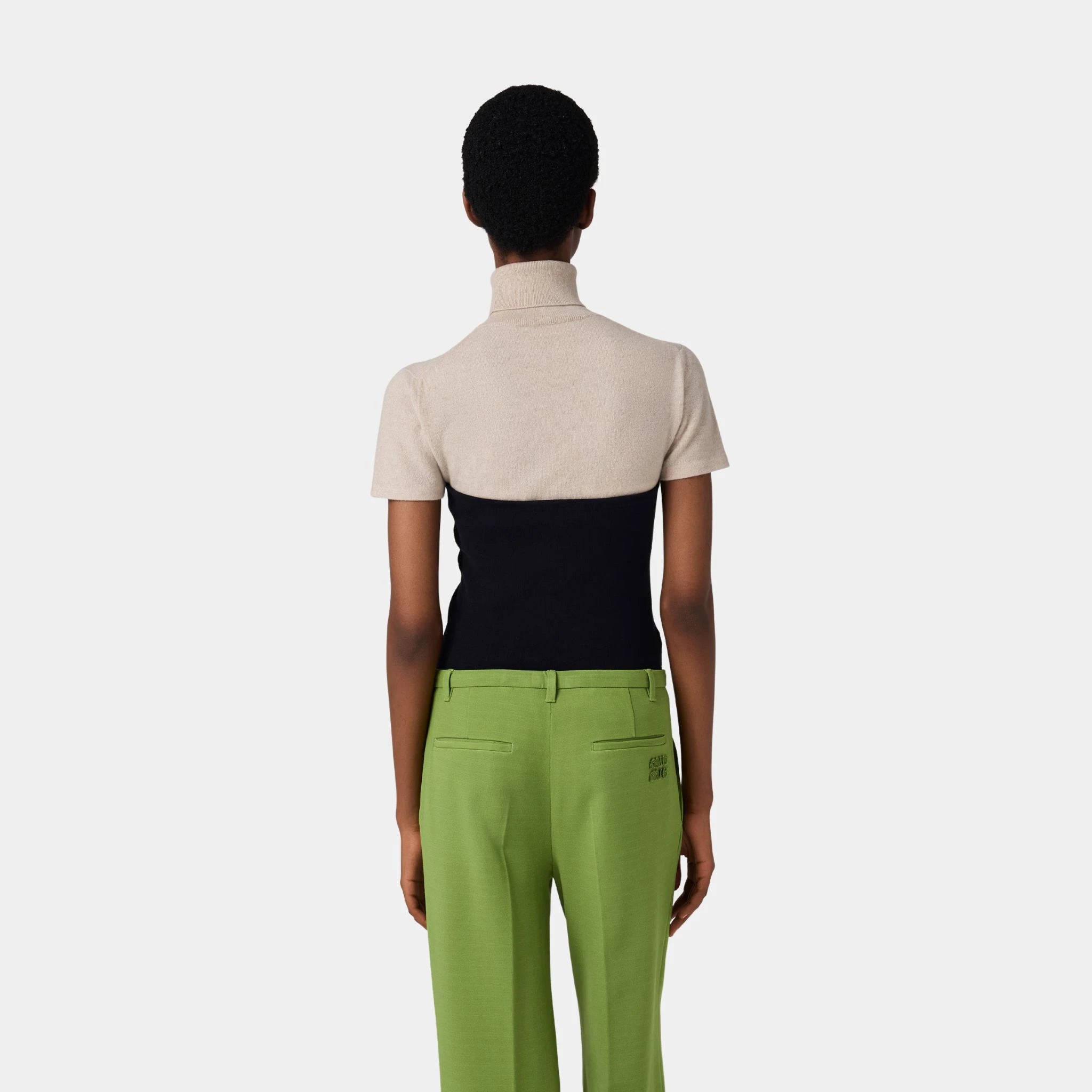 Miu Miu Cashmere Turtleneck Sweater, Sand Beige, Model, Back