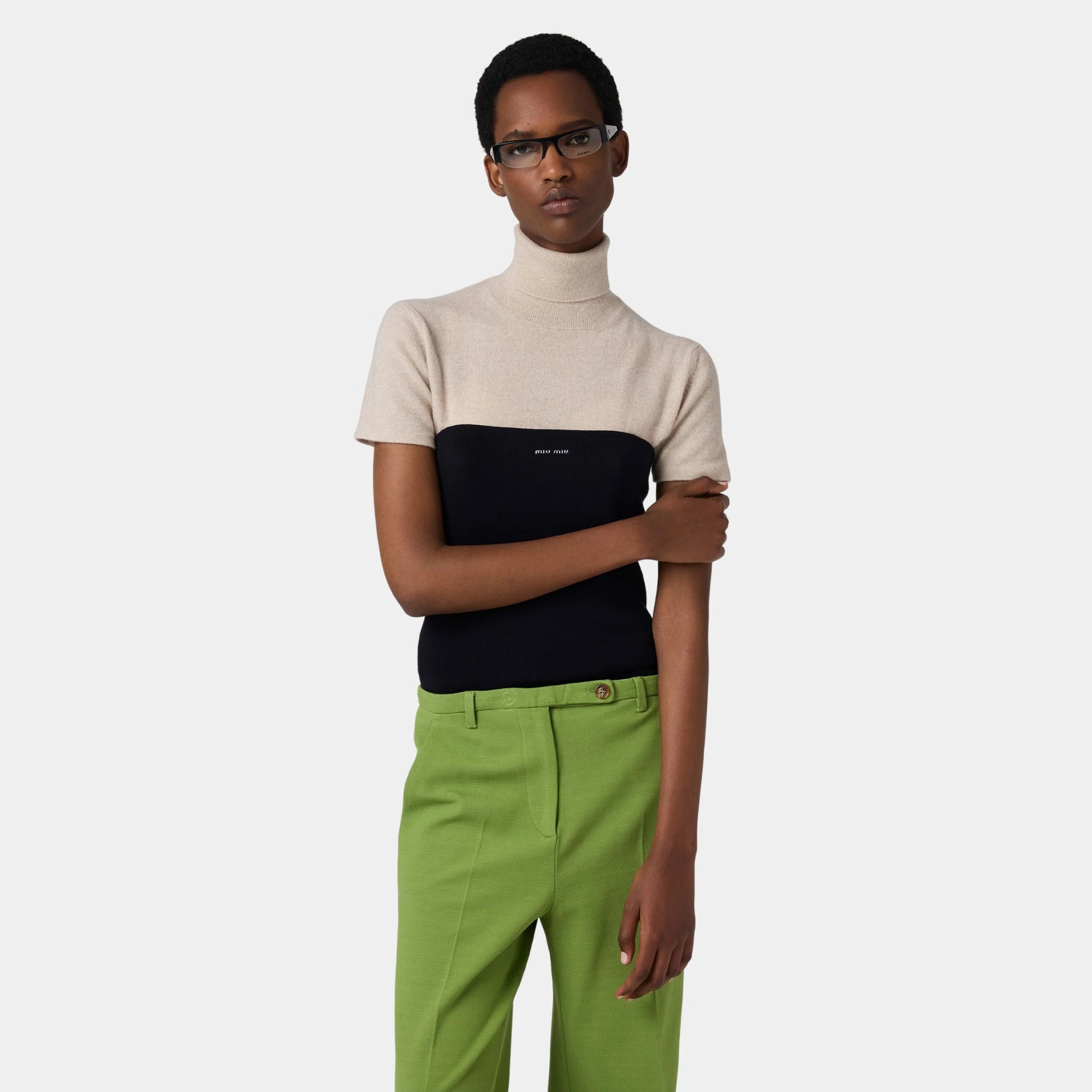 Miu Miu Cashmere Turtleneck Sweater, Sand Beige, Model, Front