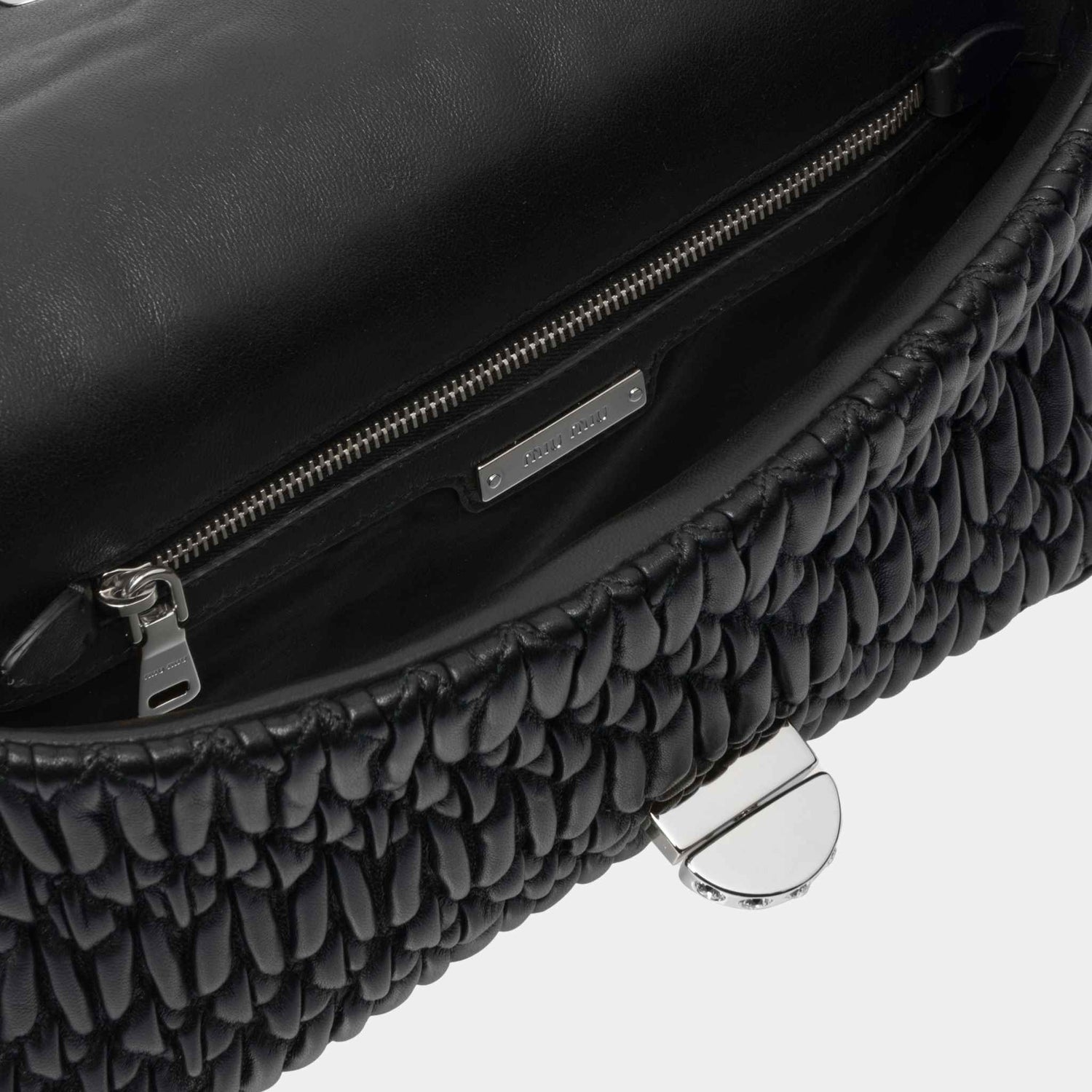 Miu Miu Crystal Cloqué Nappa Leather Bag, Black, Inside View