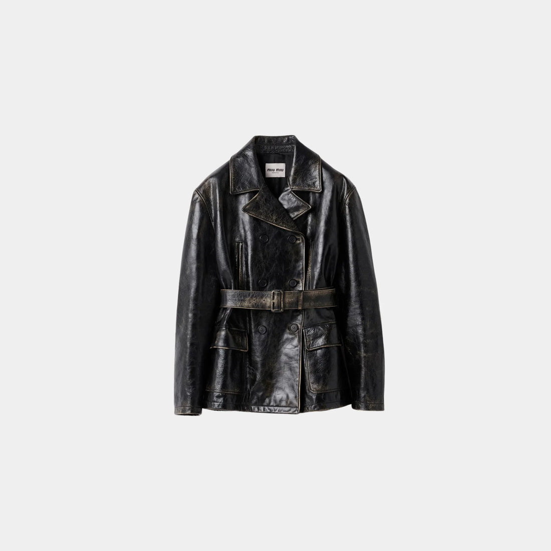 Miu Miu Double-breasted Calfskin Leather Caban Jacket, Black, Front