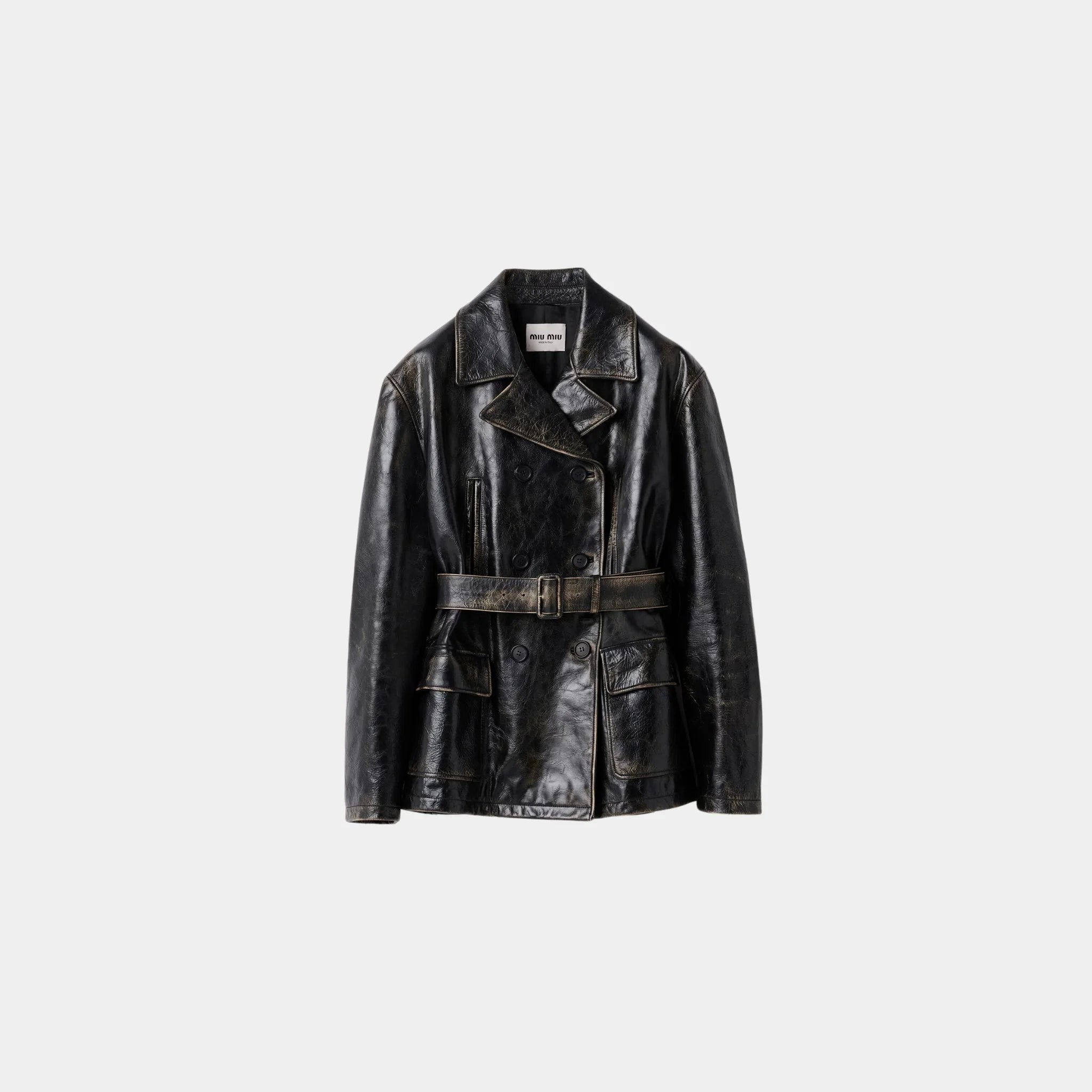 Miu Miu Double-breasted Calfskin Leather Caban Jacket, Black, Front