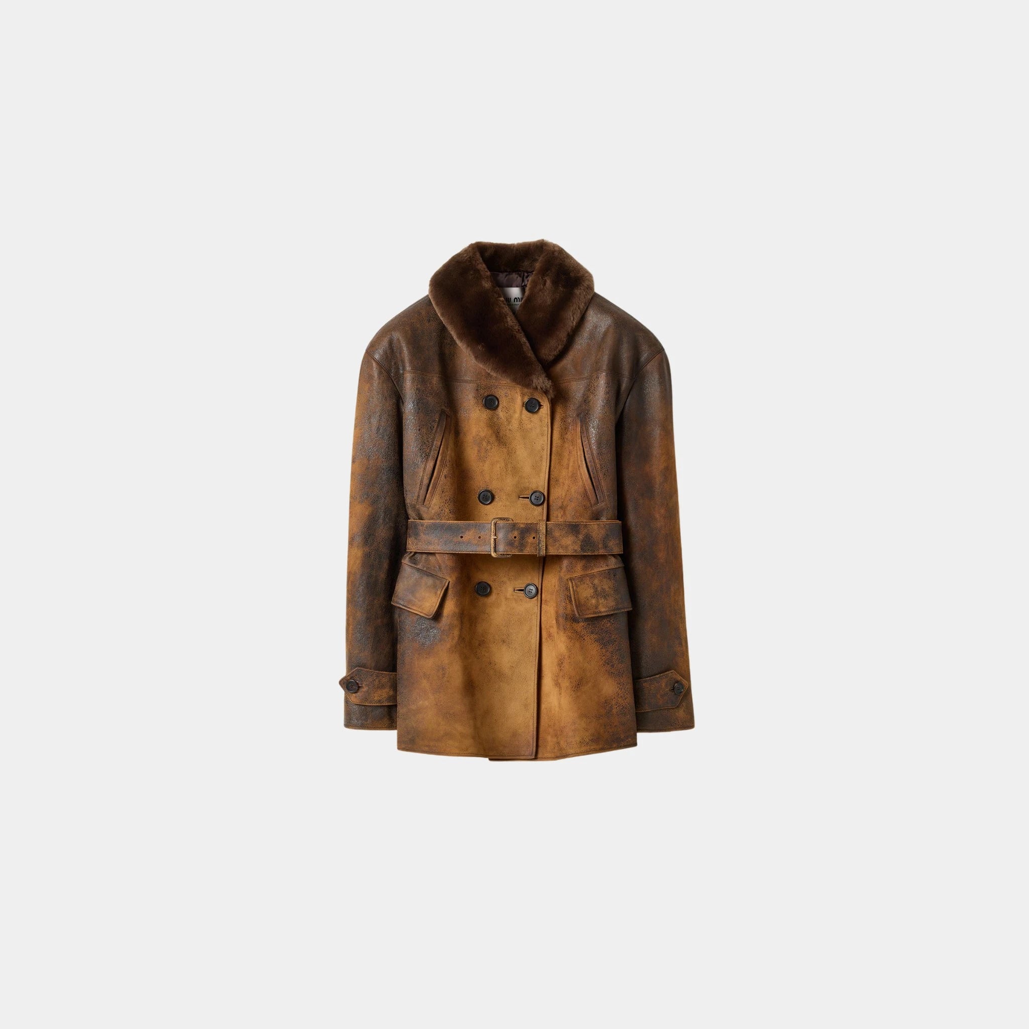 Miu Miu Double-breasted Waxed Lambskin Suede Caban Jacket, Cognac, Front