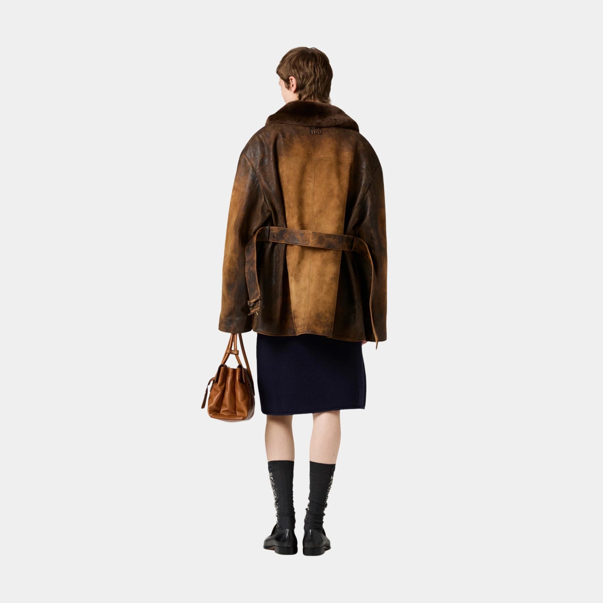Miu Miu Double-breasted Waxed Lambskin Suede Caban Jacket, Cognac, Model, Back