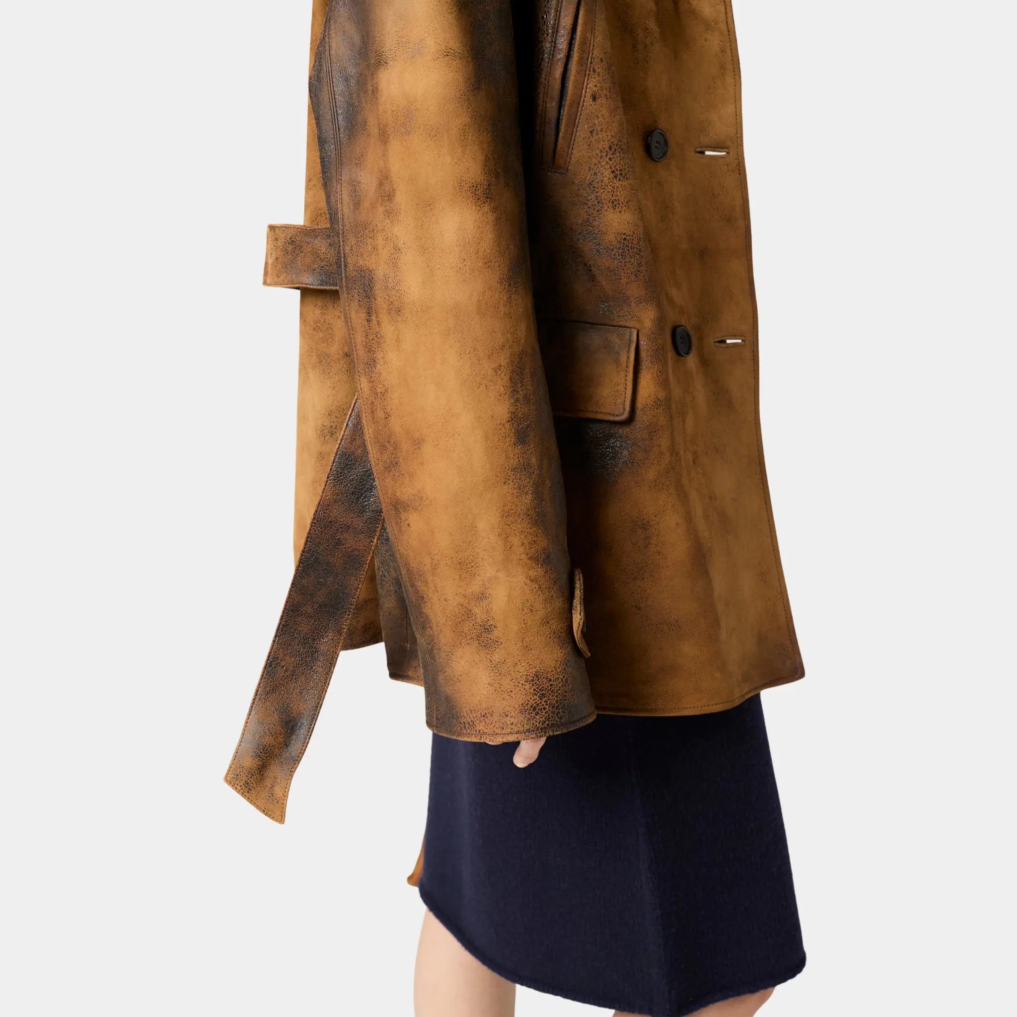Miu Miu Double-breasted Waxed Lambskin Suede Caban Jacket, Cognac, Model, Close