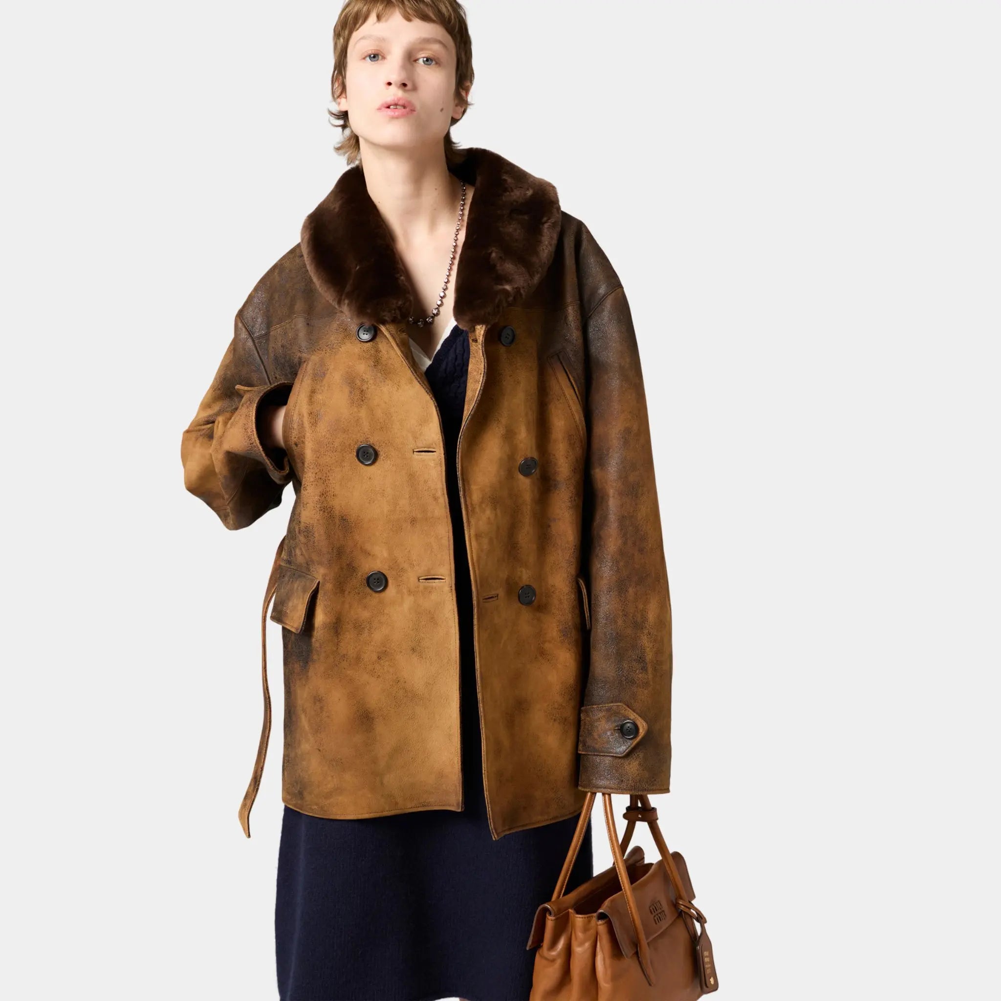Miu Miu Double-breasted Waxed Lambskin Suede Caban Jacket, Cognac, Model, Front, Close