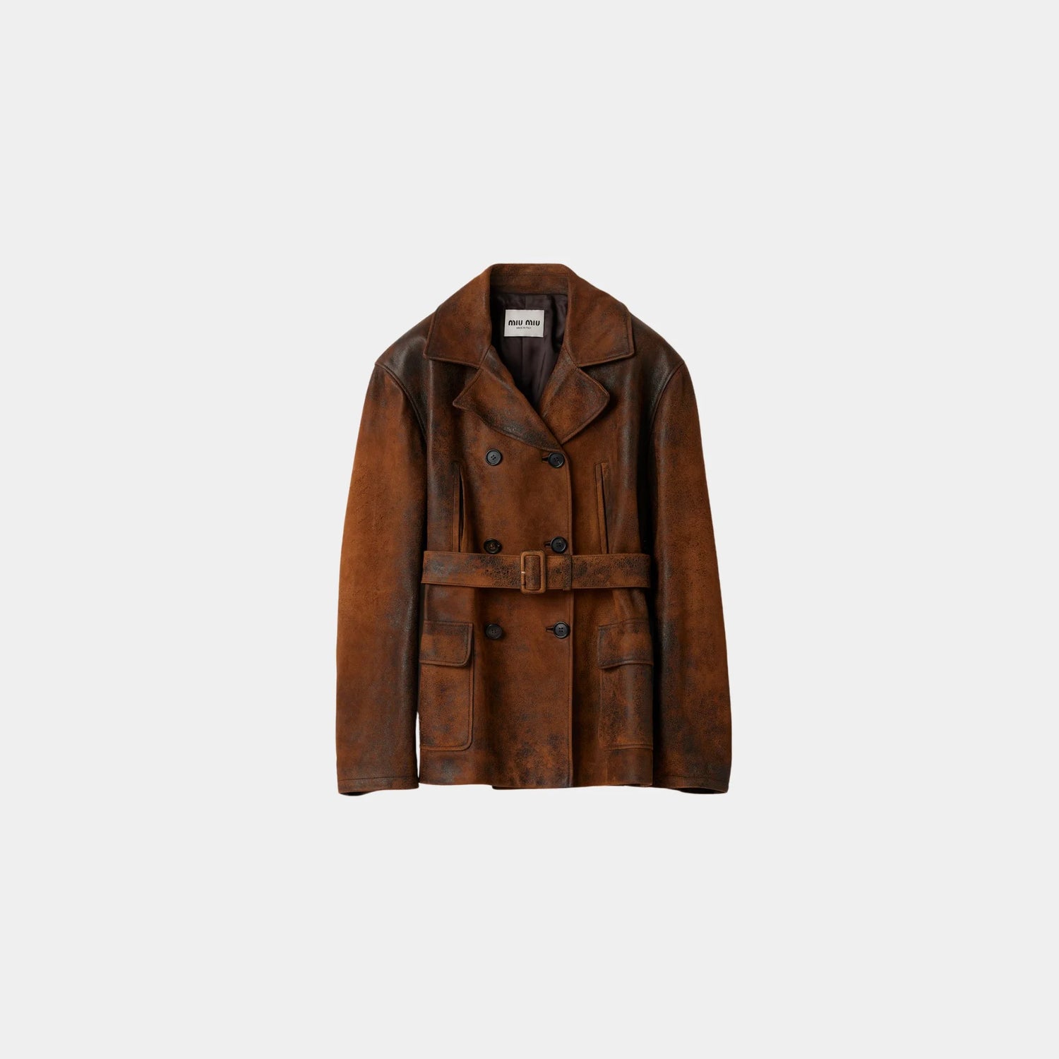 Miu Miu Double-breasted Waxed Suede Caban Jacket, Cognac, Front