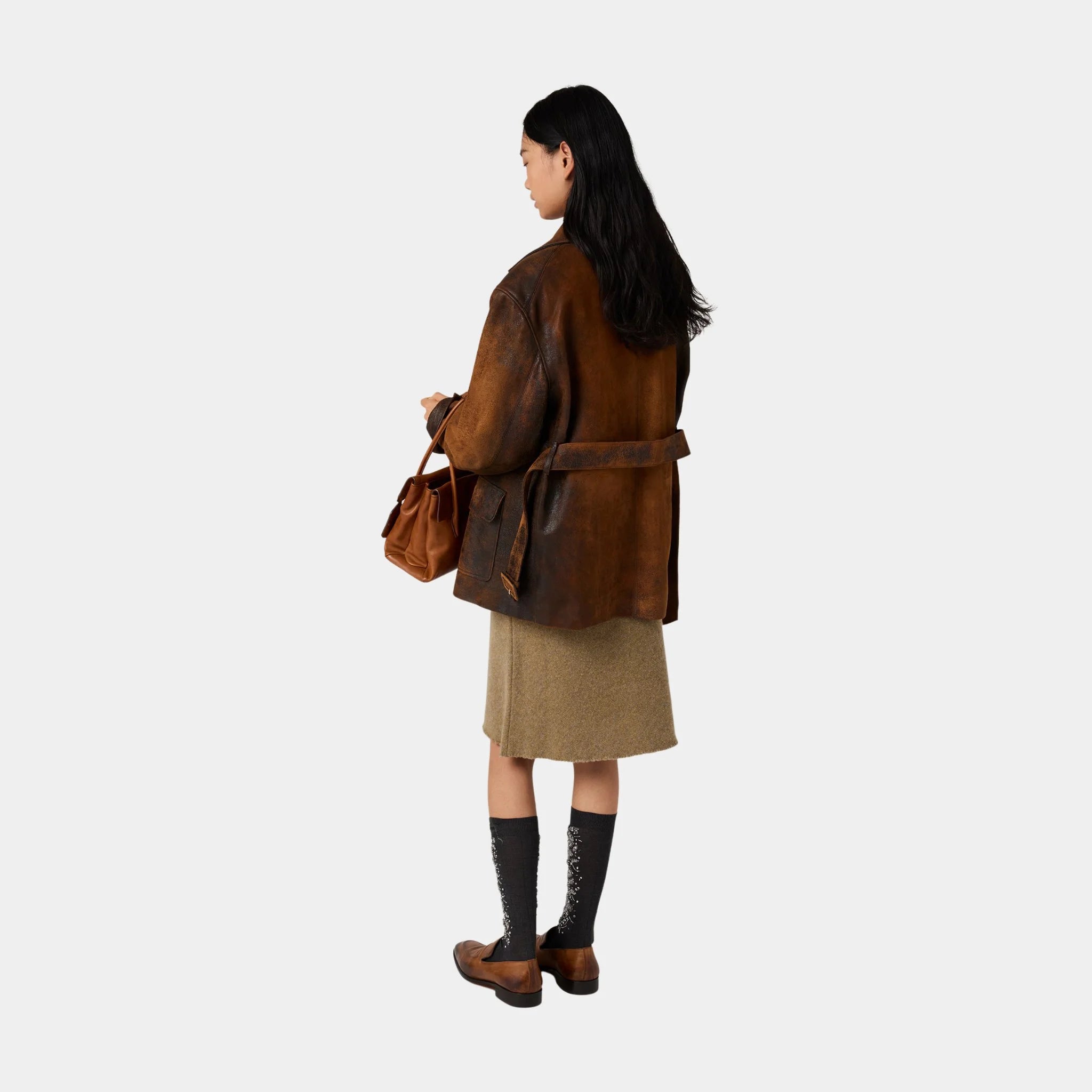 Miu Miu Double-breasted Waxed Suede Caban Jacket, Cognac, Model, Back