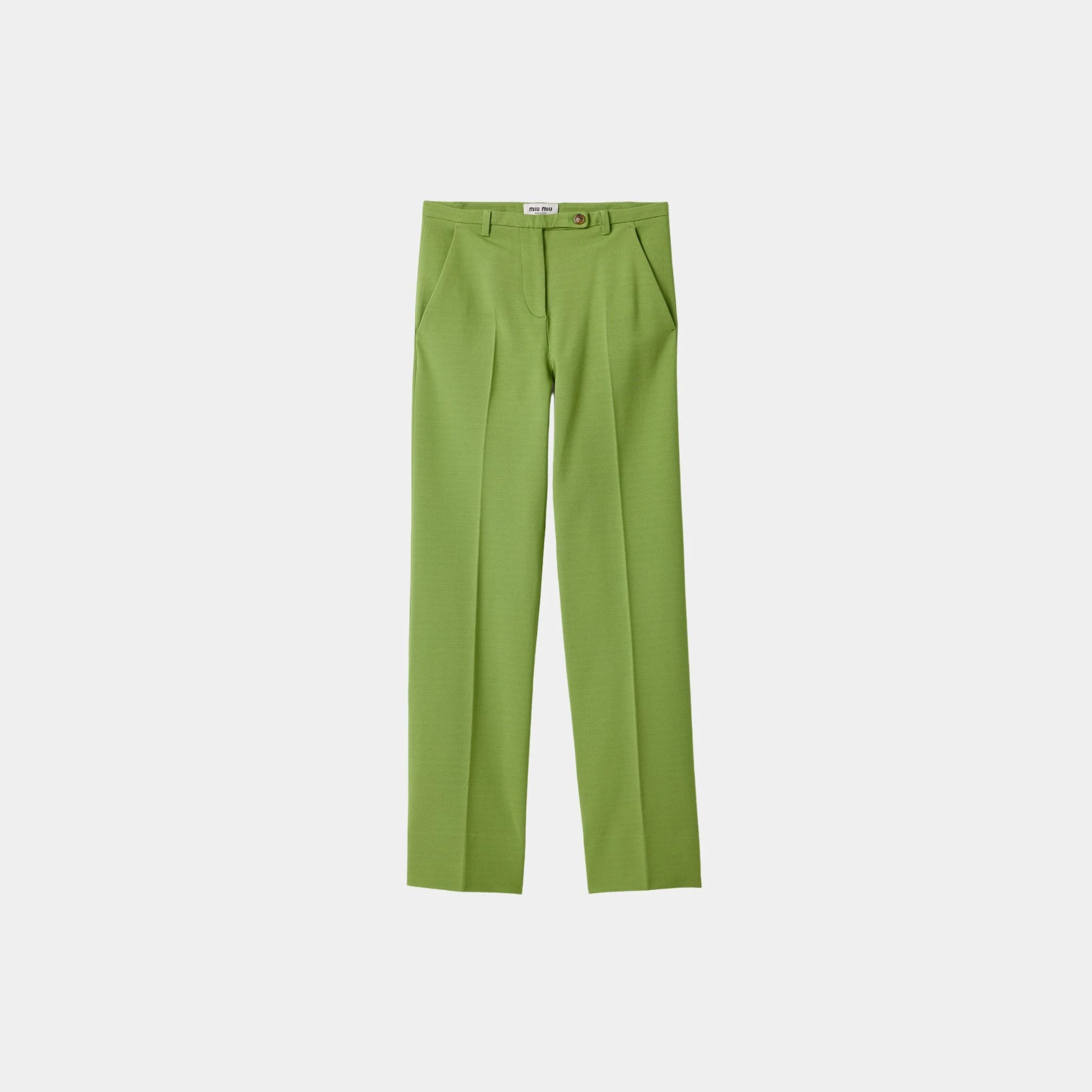 Miu Miu Fabric Stitch Knit Pants with Button, Green, Front