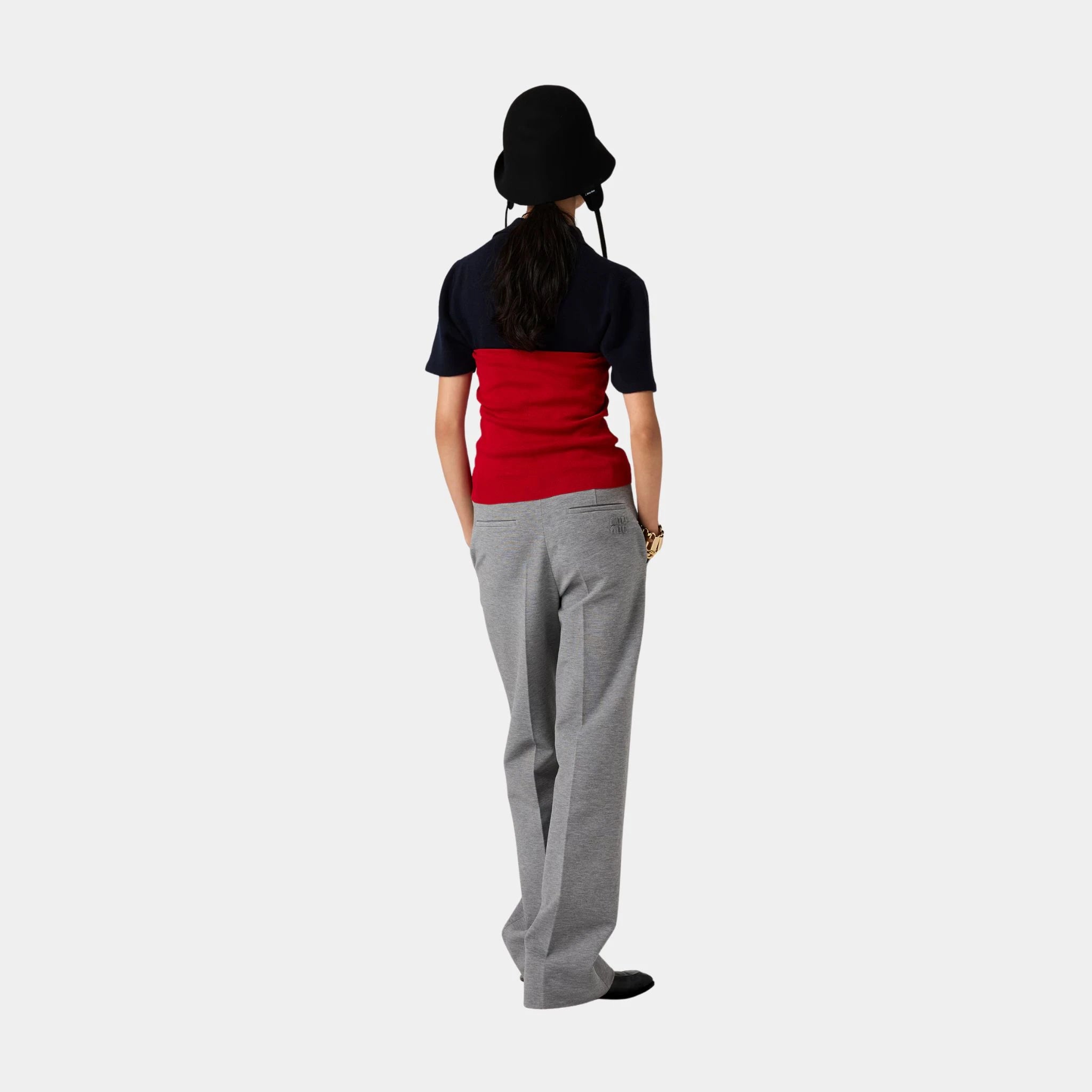 Miu Miu Fabric Stitch Knit Pants with Button, Grey, Model, Back