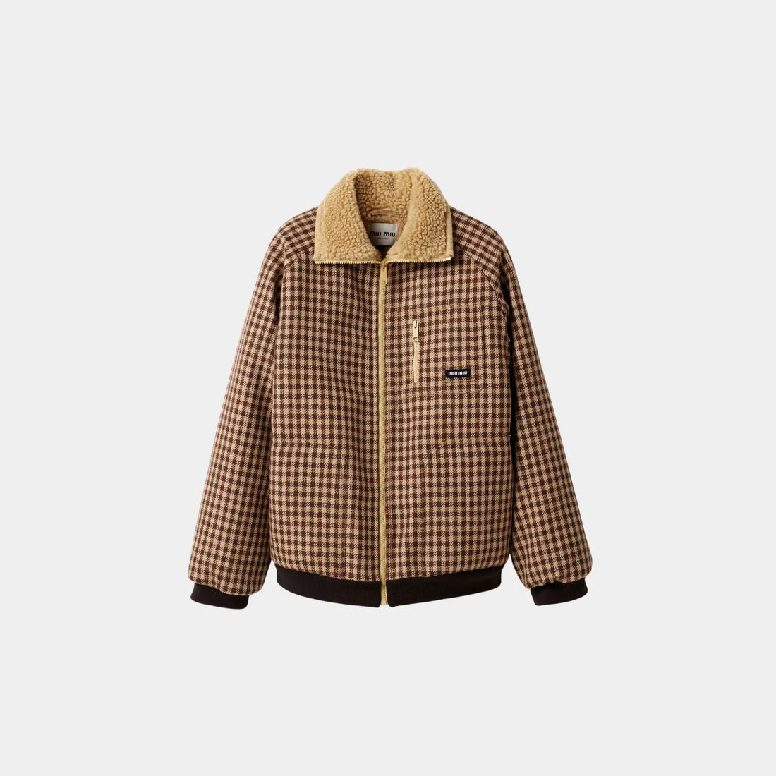 Miu Miu Fleece-lined Checked Blouson Jacket, Camel, Cocoa Brown, Front