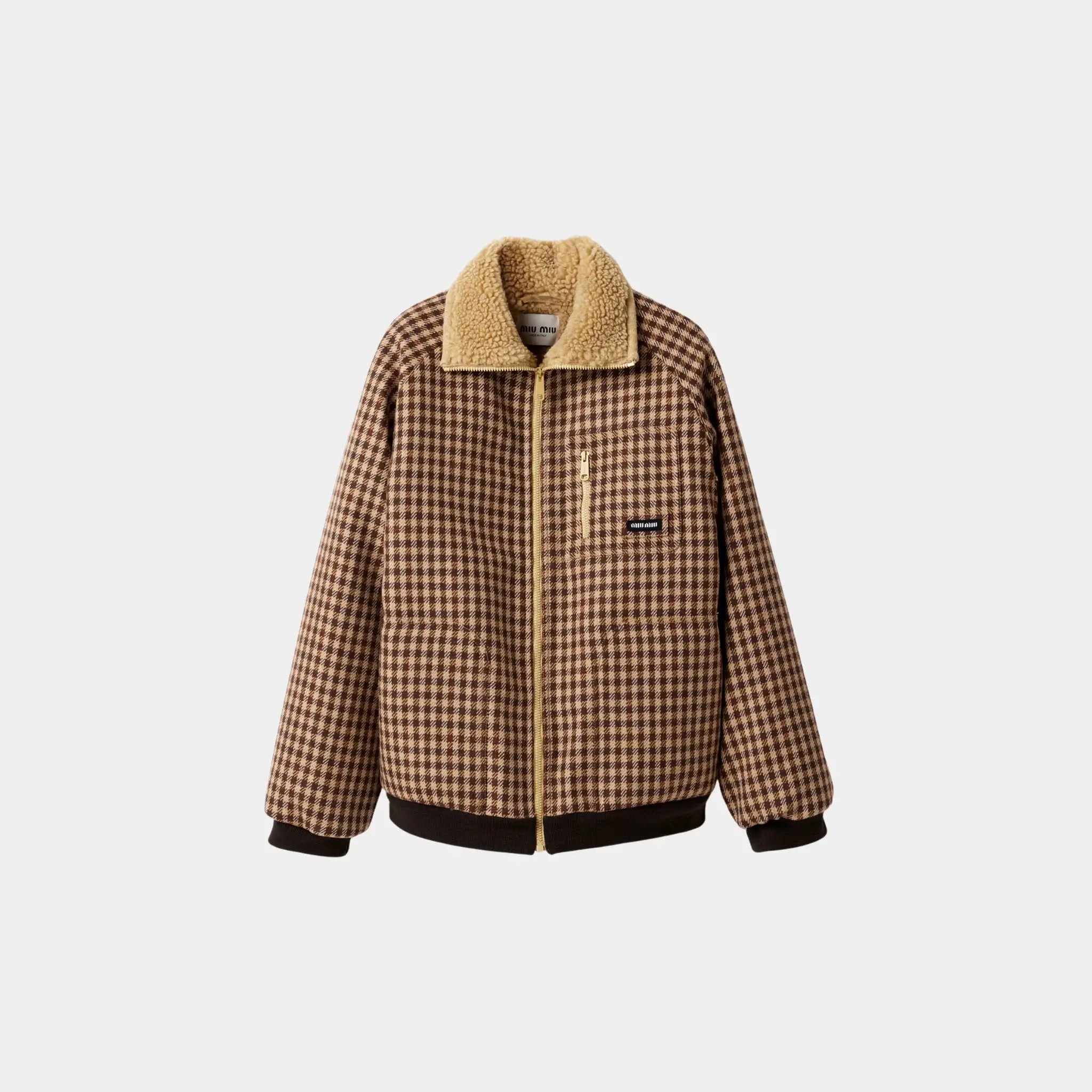 Miu Miu Fleece-lined Checked Blouson Jacket, Camel, Cocoa Brown, Front