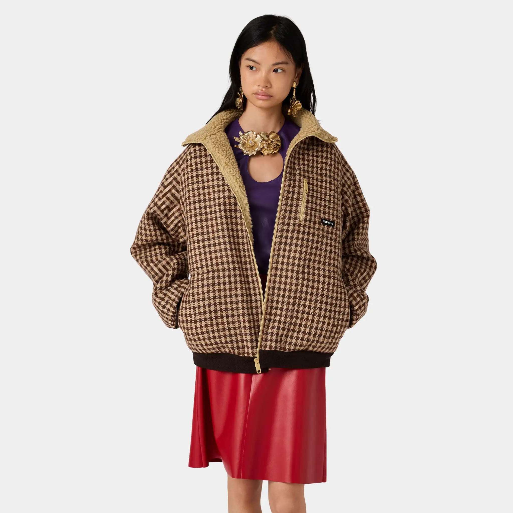 Miu Miu Fleece-lined Checked Blouson Jacket, Camel, Cocoa Brown, Model, Front