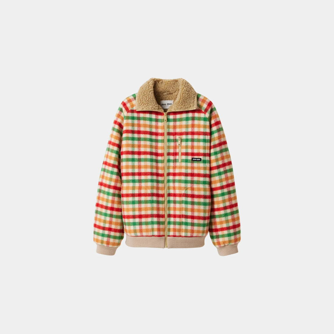 Miu Miu Fleece-lined Checked Wool Pattern Blouson Jacket, Red, Green, Soy Green, Front