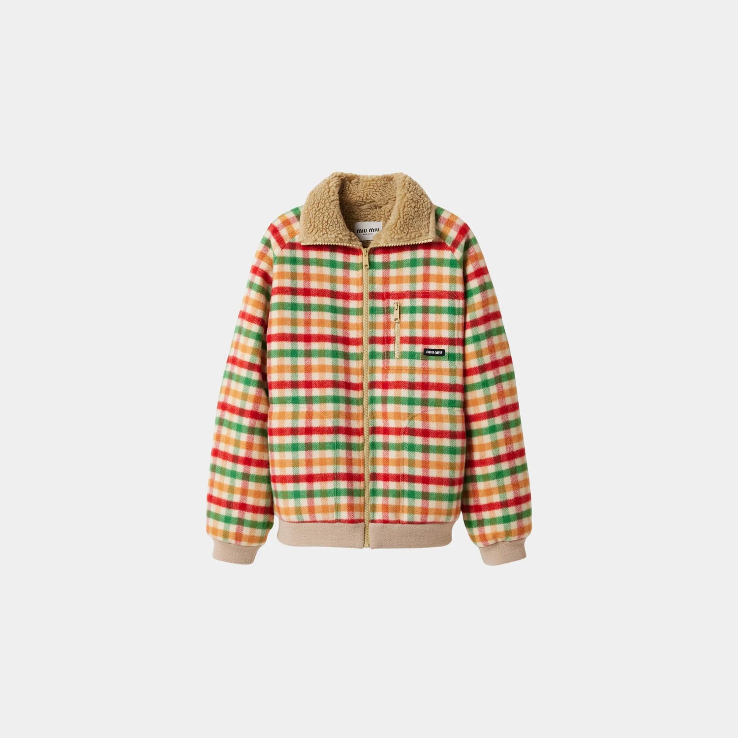 Miu Miu Fleece-lined Checked Wool Pattern Blouson Jacket, Red, Green, Soy Green, Front